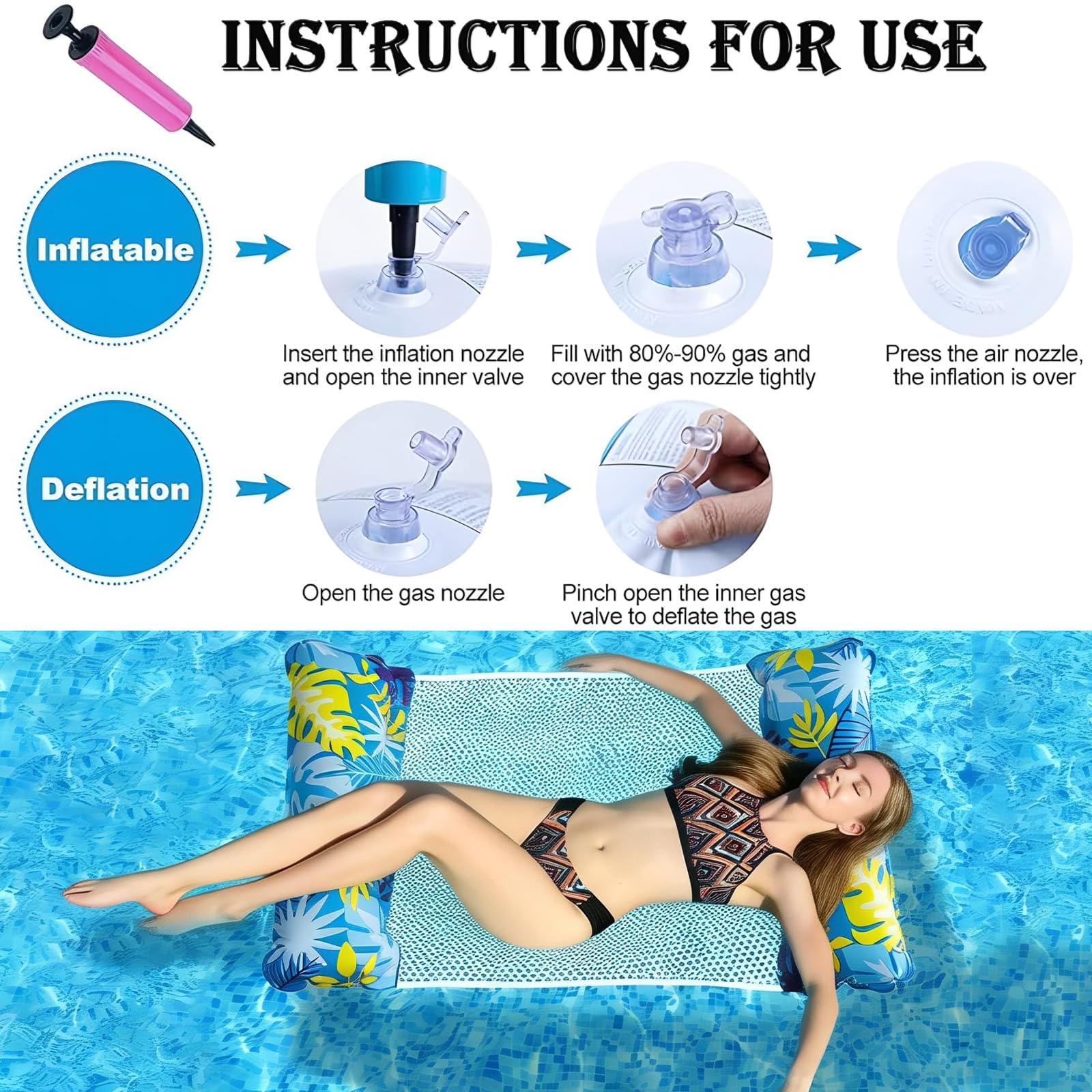 2 Pack Inflatable Pool Wammock, 4-in-1 Multi-Purpose Water Pool Float, Water Hammock for Pool Beach Vacation (Blue and Pink) - 3