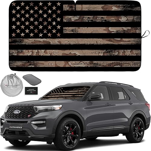 Autoamerics Parasol para parabrisas de 1 pieza, diseño de camuflaje marrón con bandera estadounidense de Estados Unidos, parasol plegable para la