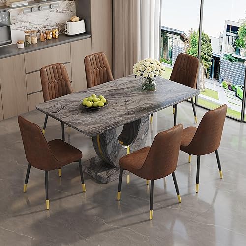 Miniatura 76 de JUFU Juego de mesa de comedor para 6 personas con sillas tapizadas de poliuretano, mesa y sillas de comedor de mármol sintético gris de 63 pulgadas,