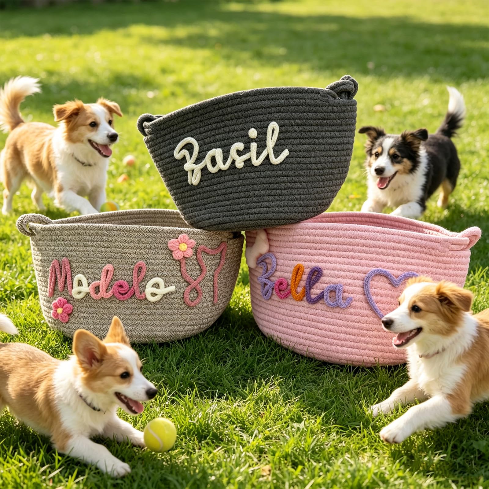 Personalized Dog Toy Basket, Custom Cat Toy Storage Bin, Large Durable Cotton Rope Basket for Puppy/Kitten Supplies, Handmade Pet Toy Box with Name Embroidery, Gift for Pet Lovers (M/L Size, 9 Colors) - 5