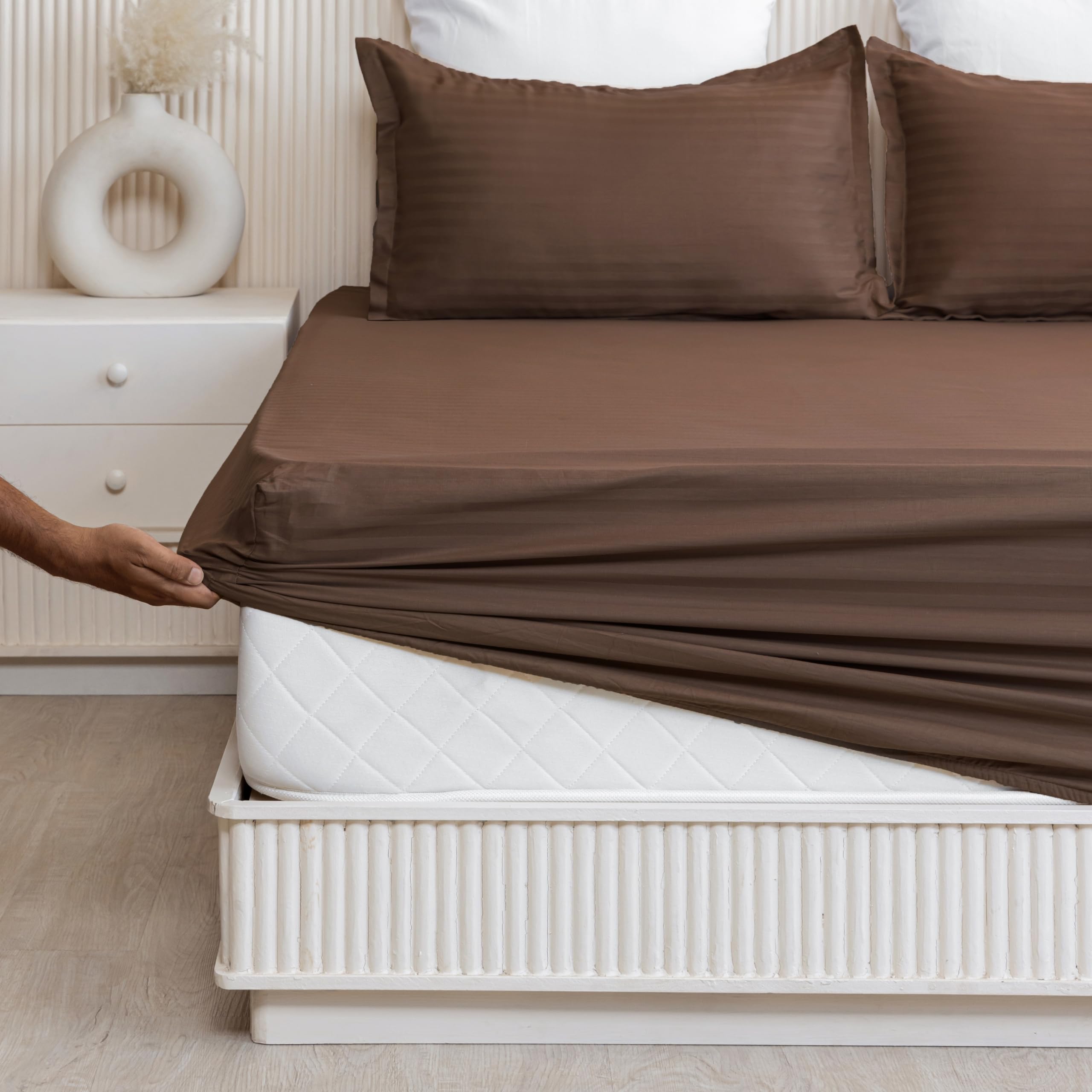 HOMEMONDE 210TC Soft Cotton Elastic Fitted Bedsheets King Size Mattress 84 x 78 Inches Satin Stripes Sheets with 2 Pillow Covers, Brown | Perfect for Home Decor & Gifting-image-9
