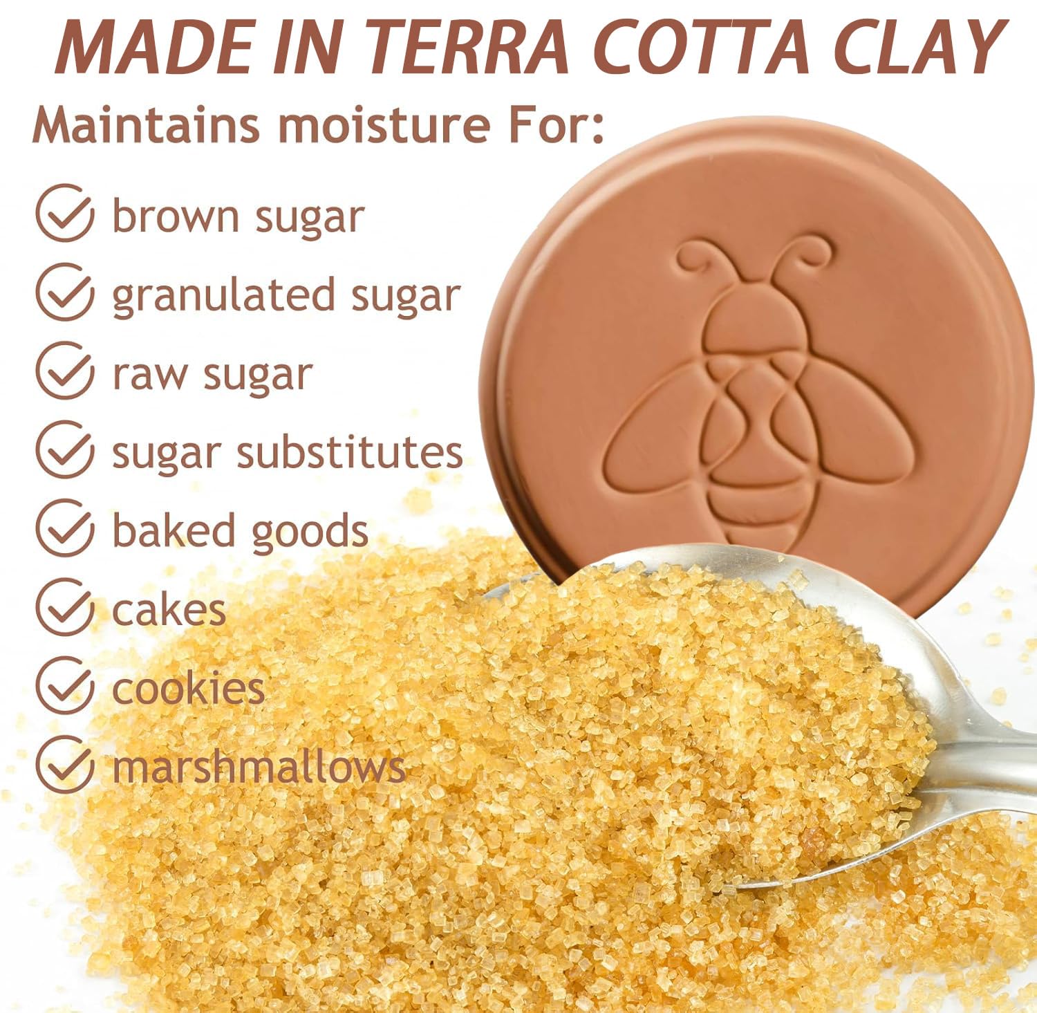 2 Pack Terracotta Brown Sugar Saver Bee, Reusable Brown Sugar Keeper Disc to Maintain Food Moisture, Multiple Uses for Food Storage Containers - 5