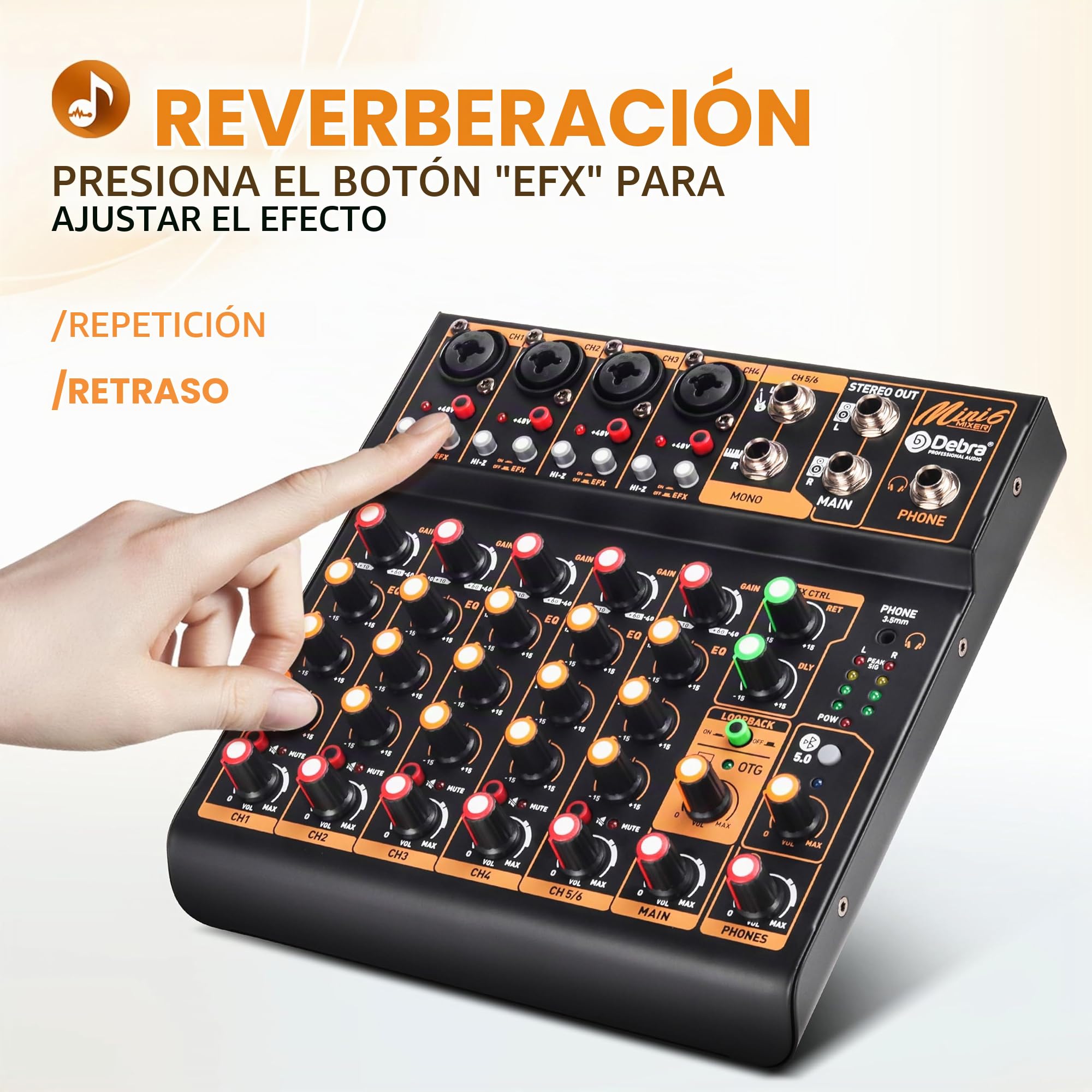 Mini6 Mezclador de Audio Profesional para DJ – 6 Canales, Interfaz USB, Bluetooth y Phantom Power 48V – Ideal para Streaming, Podcast y Eventos en Vivo
