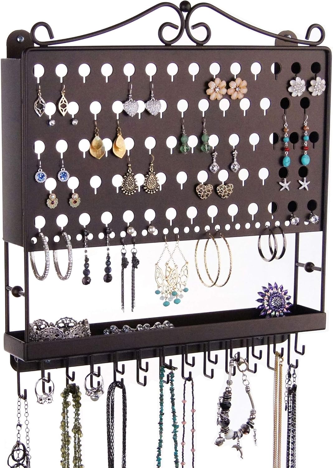 Angelynn's Wall Mounted Earring Holder Necklace Organizer for Small and Medium Post Stud Dangle Pierced Earrings, Hanging Closet Jewelry Storage Rack with Tray, AAA Rubbed Bronze 14 1/2" x16 1/4"