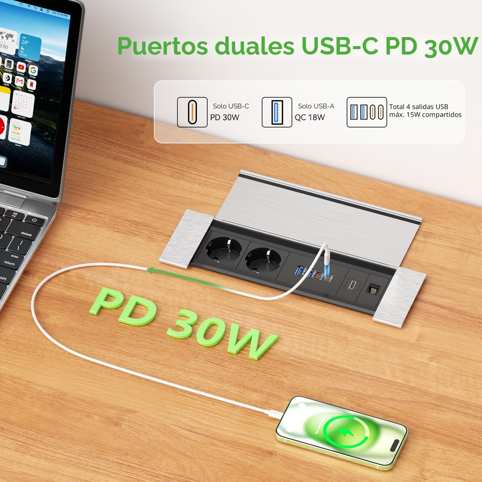 Enchufes Empotrable Mesa con USB C PD30W, Enchufe Empotrable con 4 USB HDMI RJ45, Regleta Empotrable con Tapa para Escritorio, Cocina, Oficina, Cable de 2 m, 2400 W/10 A