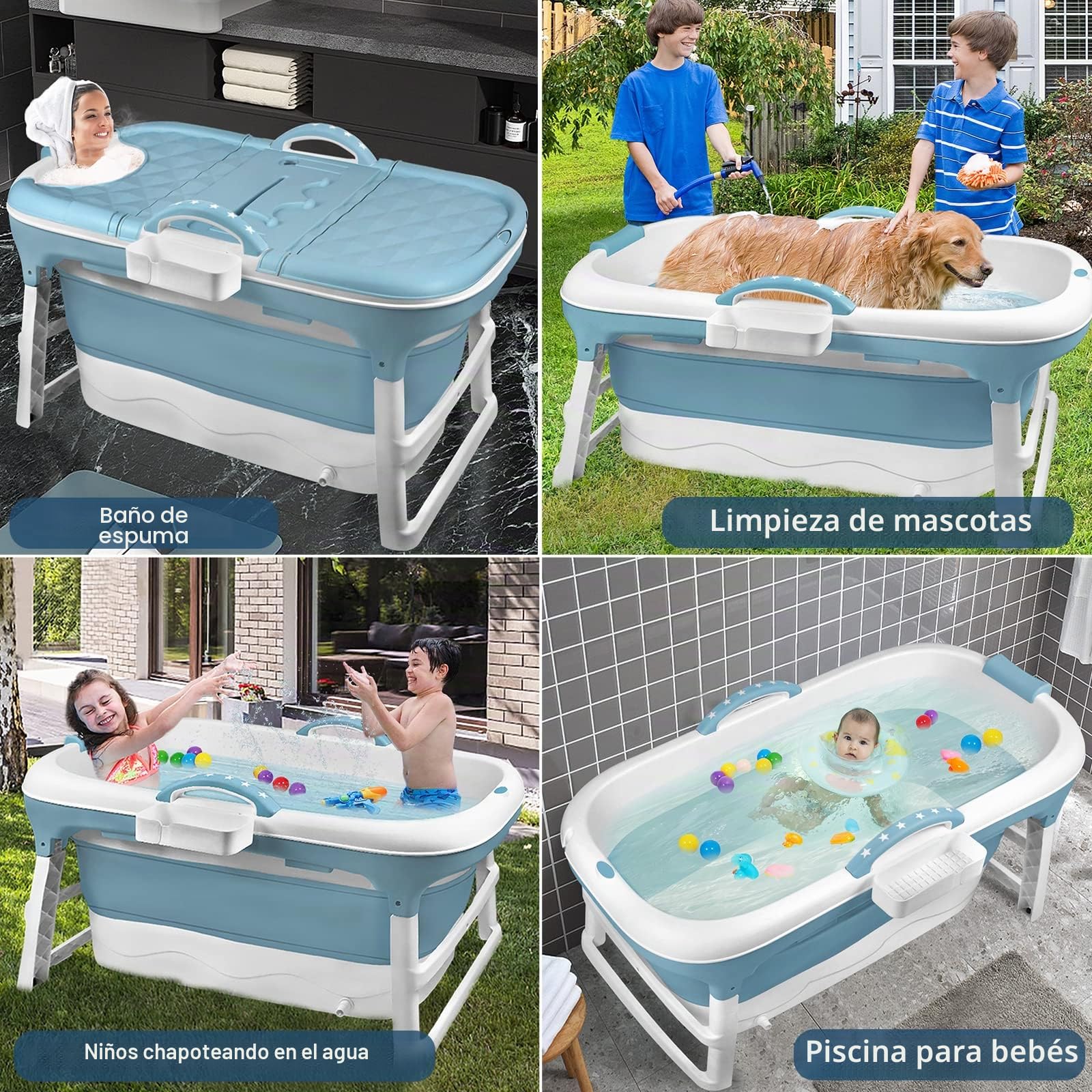 Bañera Plegable para Adultos L 118 x 62 x 53 cm, Portátil Con Tapa, Reposacabezas y Cesta de Jabón para Baño