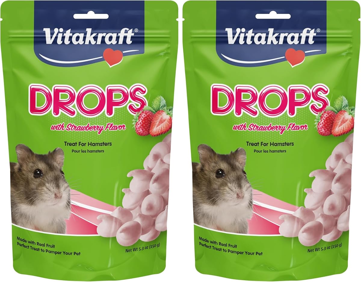 Vitakraft Hamster Strawberry Drops Treats 5.3 oz - Bocadillos saludables para animales pequeños con sabor a yogur y frutas - Recompensa sabrosa para hámsteres, jerbos y otras pequeñas mascotas, (paquete de 2)