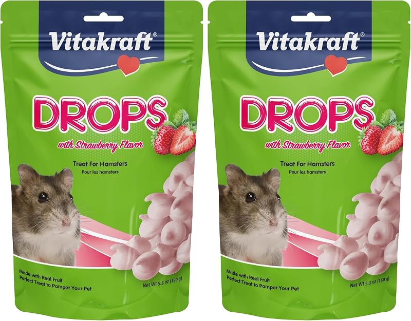 Vitakraft Hamster Strawberry Drops Treats 5.3 oz - Bocadillos saludables para animales pequeños con sabor a yogur y frutas - Recompensa sabrosa para hámsteres, jerbos y otras pequeñas mascotas, (paquete de 2)