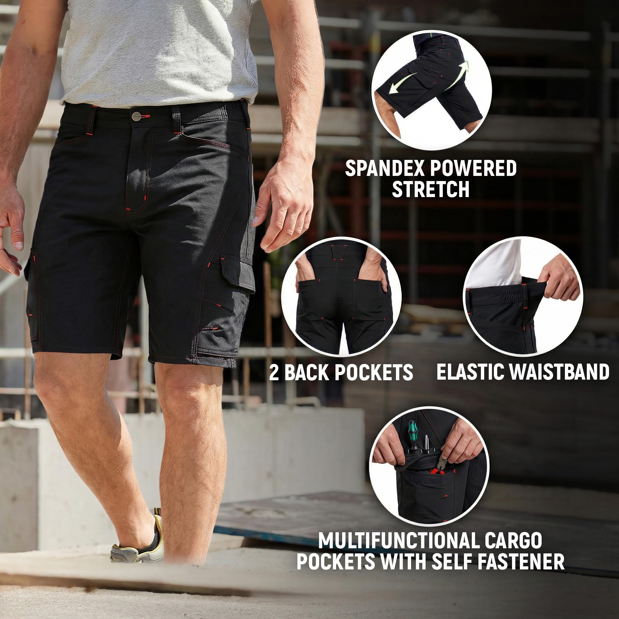 Stenso Vigor Kurze Arbeitshose Herren Stretch Funktionsshorts mit Cargo Taschen Arbeitshosen Männer Kurz Atmungsaktive Arbeitshose Kurz Herren mit Kontrastnähten
