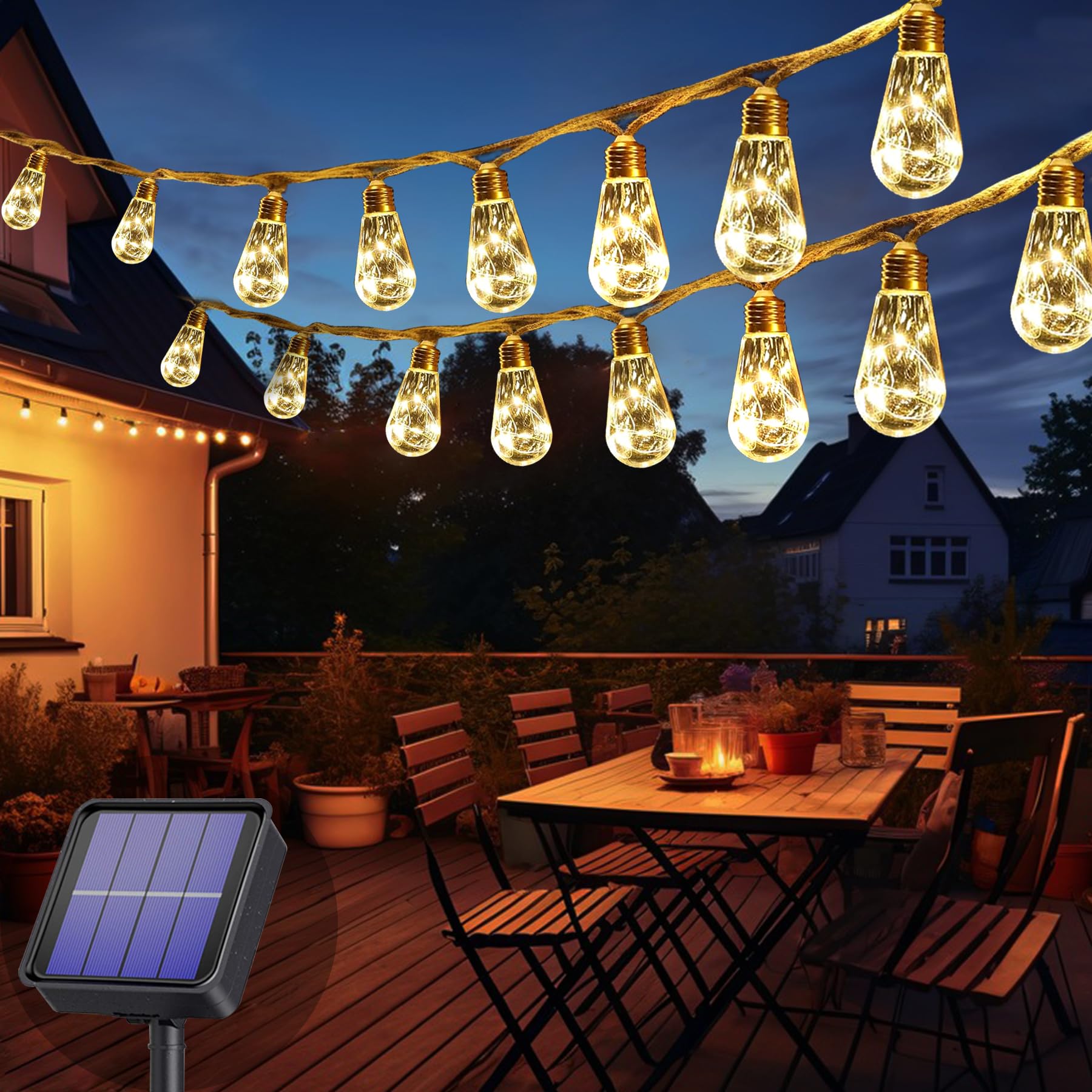 Cnulenzt Luces solares jardin, 16 Bombillas 8M/8 Modos bombillas solares, IP65 Impermeables Guirnaldas Luces Exterior para Jardín, Balcón, Terraza, Fiesta (Blanco Cálido)