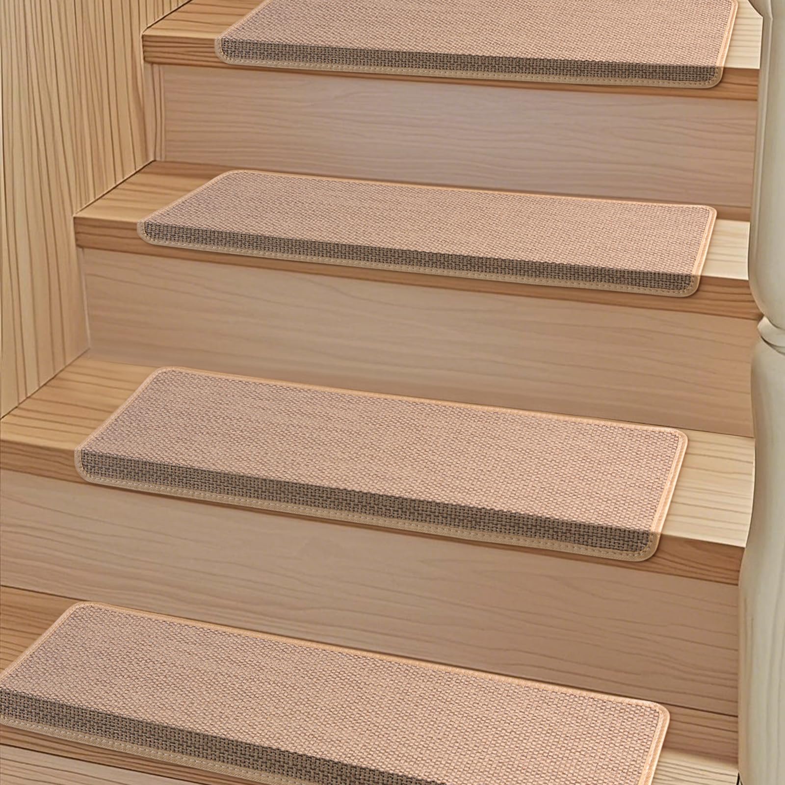 Bullnose Carpet Stair Treads 30" x 9.5", 14 Pcs Non Slip Stair Treads for Wooden Steps Indoor, Reusable Carpet for Stairs Runner, Edging Stair Protectors(Beige)