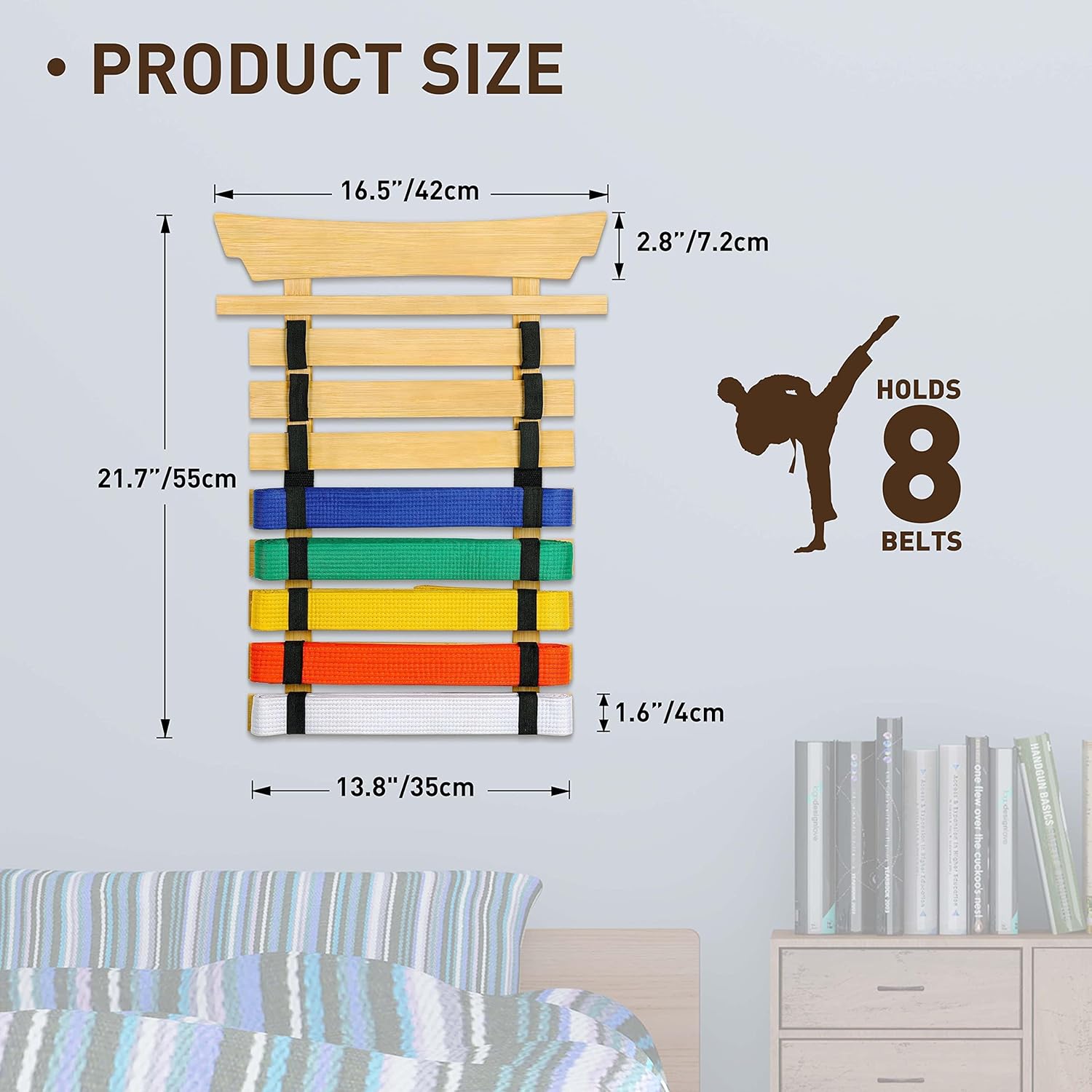 Bamboo Karate Belt Display Rack with 12 Belts Karate Belt Display Rack with PVC Medal Storage, Taekwondo Belt Display Holder, Martial Arts Belt Rack for Martial Art Learner