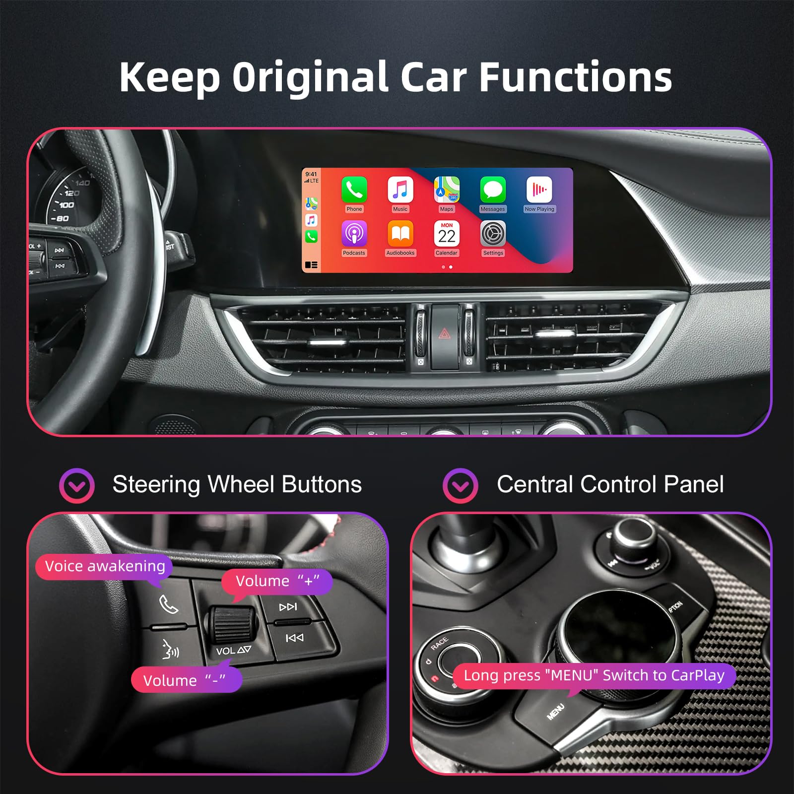 LEXXSON Wireless CarPlay & Android Auto Retrofit Kit Décodeur pour Alfa Romeo Giulia Stelvio 2017-2020, avec écran 6.5/8.8 po, Plug & Play, prise en charge de la commande et de la navigation Bluetooth
