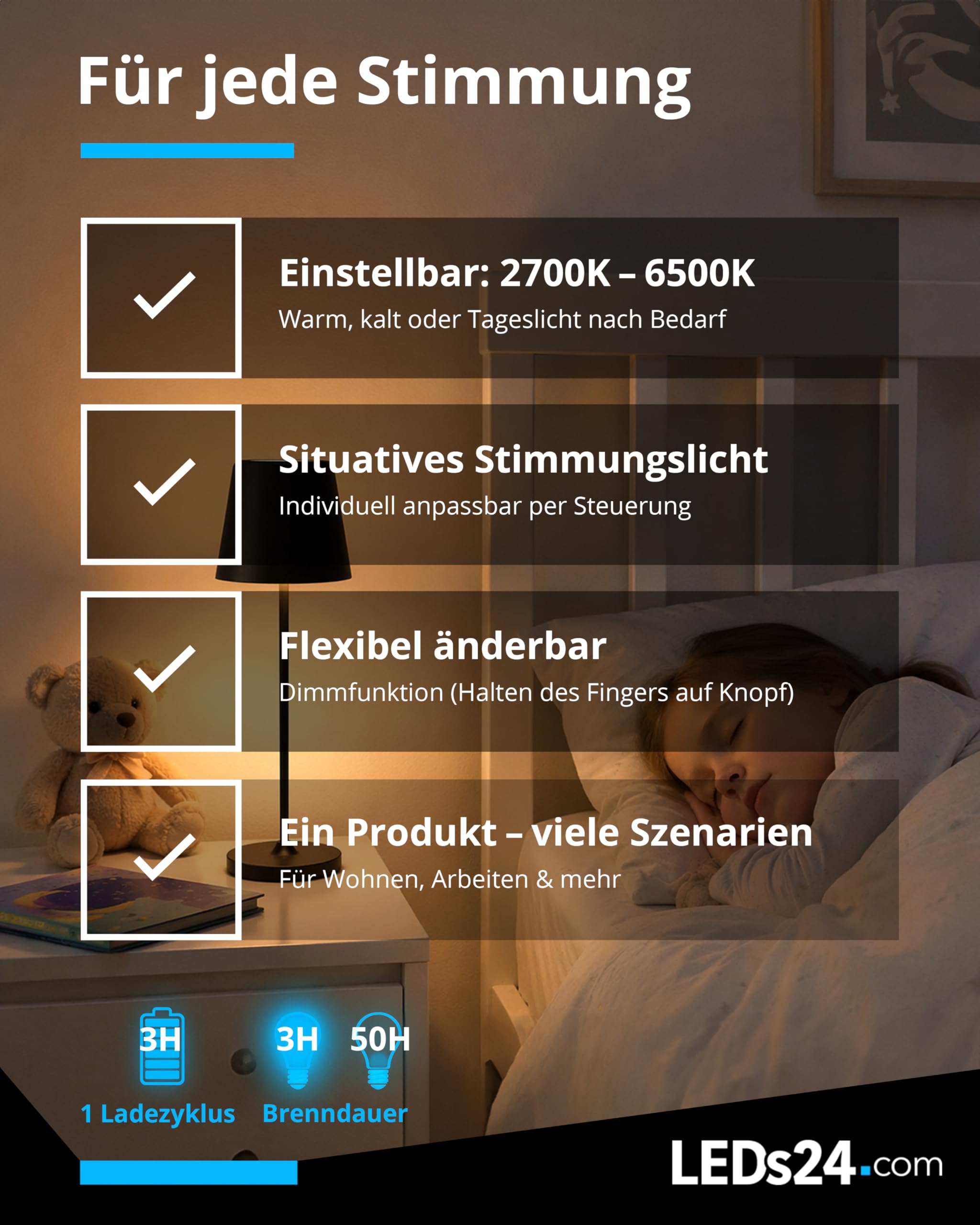 LED Tischlampe Kabellos Outdoor - Höhenverstellbare Akku Tischleuchte IP54 Dimmbar Touch mit USB-C-Kabel - für Terrasse, Wohnzimmer, Schlafzimmer, Kinderzimmer, Gastro & Hotel (schwarz)