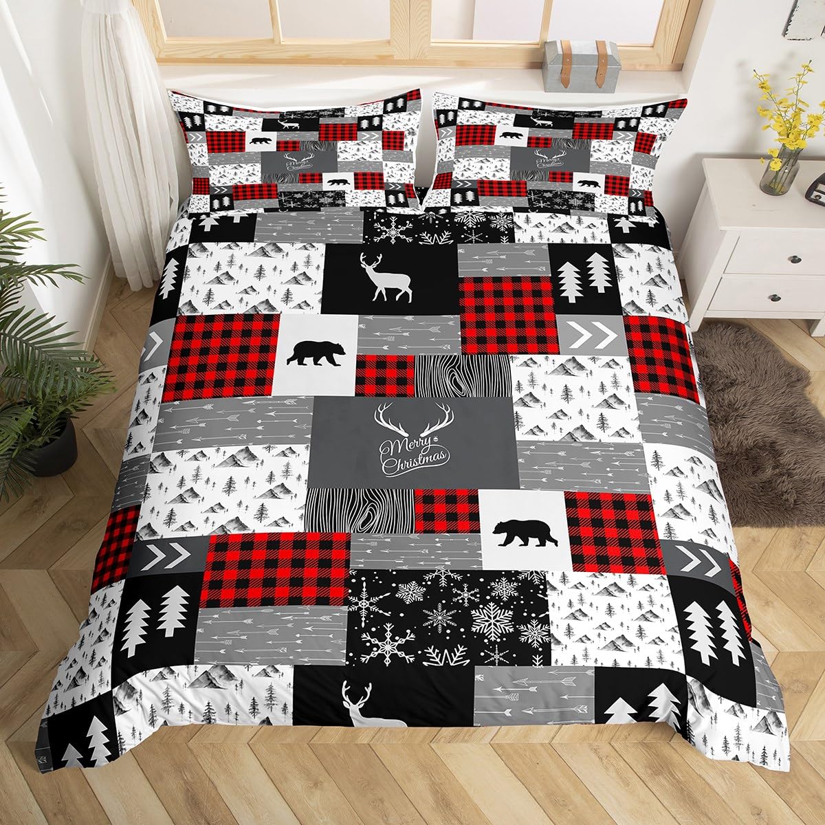 Merry Christmas Kids Duvet Cover Set Full Size,Deer Bear Rustic Farmhouse Bedding Set,Boys Girls Women Room Decor,Snowflake Plaids Patchwork Xmas Comforter Cover,Red Retro Quilt Cover,2 Pillowcases