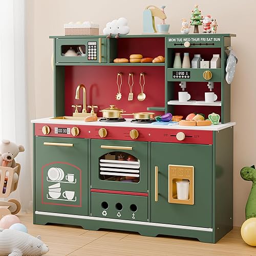 Juego de cocina de 35.8 pulgadas para niños, cocina de juguete para niños pequeños, juego de cocina de madera 23 en 1 con alimentos de juguete y