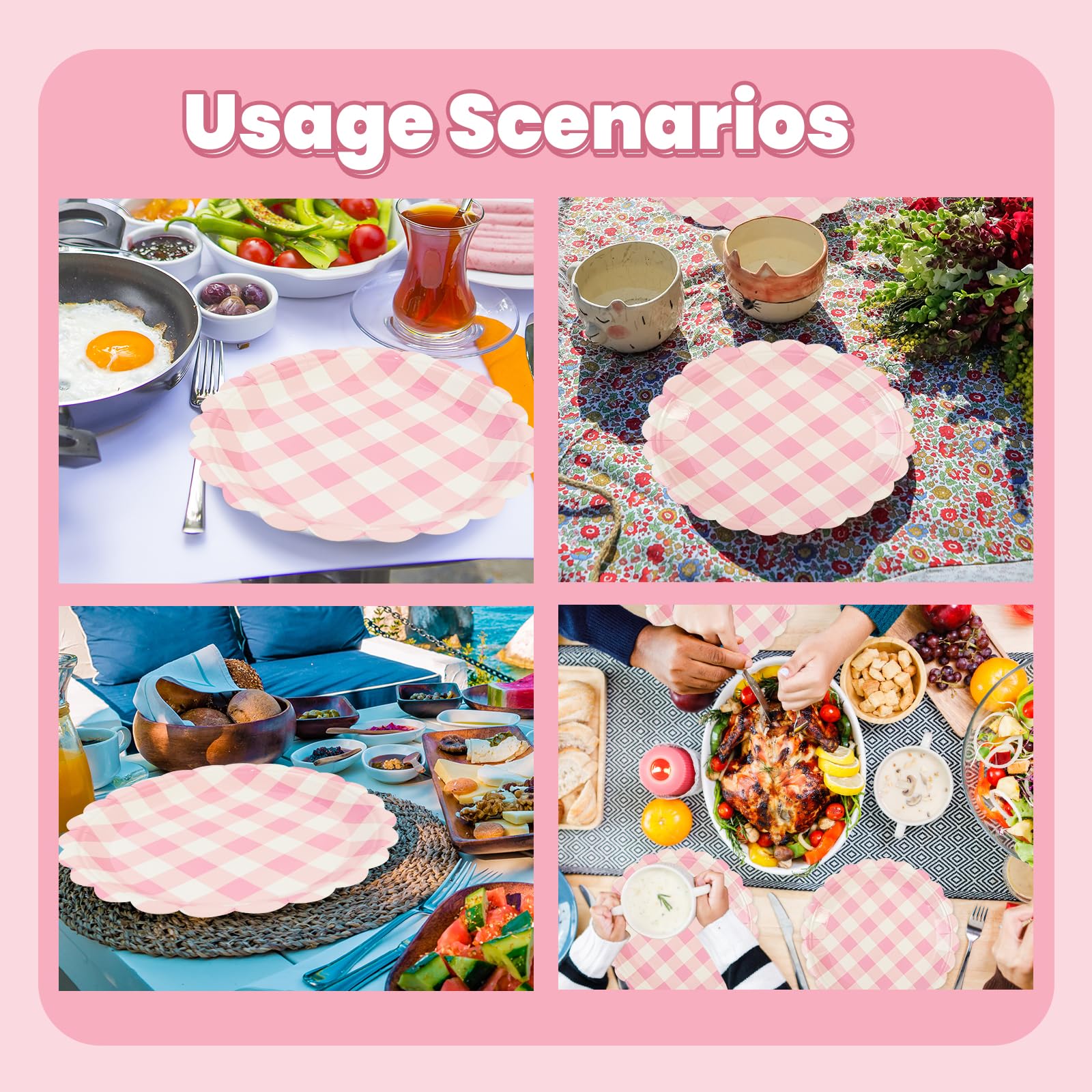 64 Stück Hellrosa Gingham-Pappteller, 17,8 Cm – 4 Designs, Kariert, Für Geburtstag, Hochzeit, Picknick & Partys