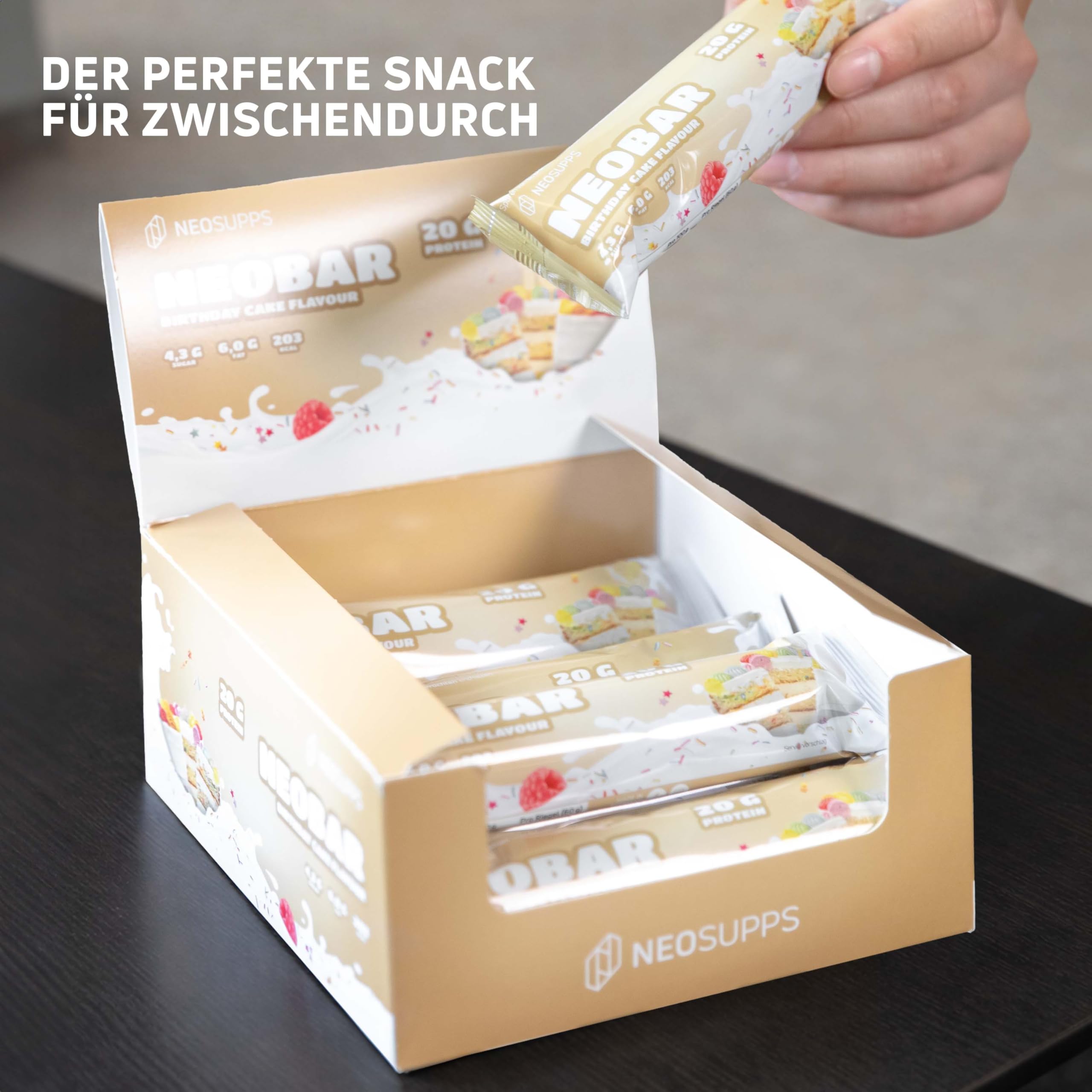 Neosupps Proteinriegel Neobar Birthday Cake – 12 x 60 g, 21 g Protein, nur 0,8 g Zucker, Low-Fat, in verschiedenen Geschmäckern erhältlich, Made in Germany – Fitness Snack