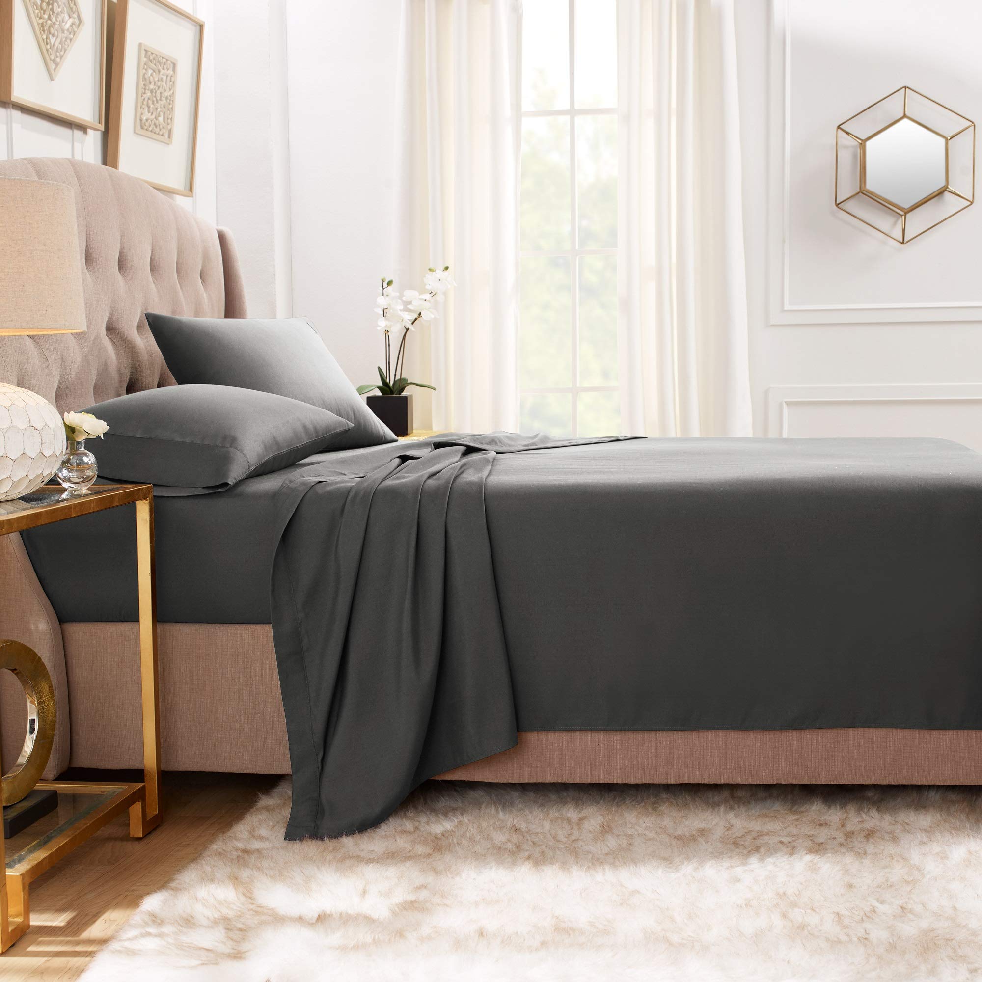 Empyrean Bedding Premium Flat Sheets – 4-Pack “110 GSM” Top Bed Sheets Double Brushed Microfiber Thick and Comfortable Flat Sheets Set, Luxurious & Soft Hotel, Queen, Charcoal Gray