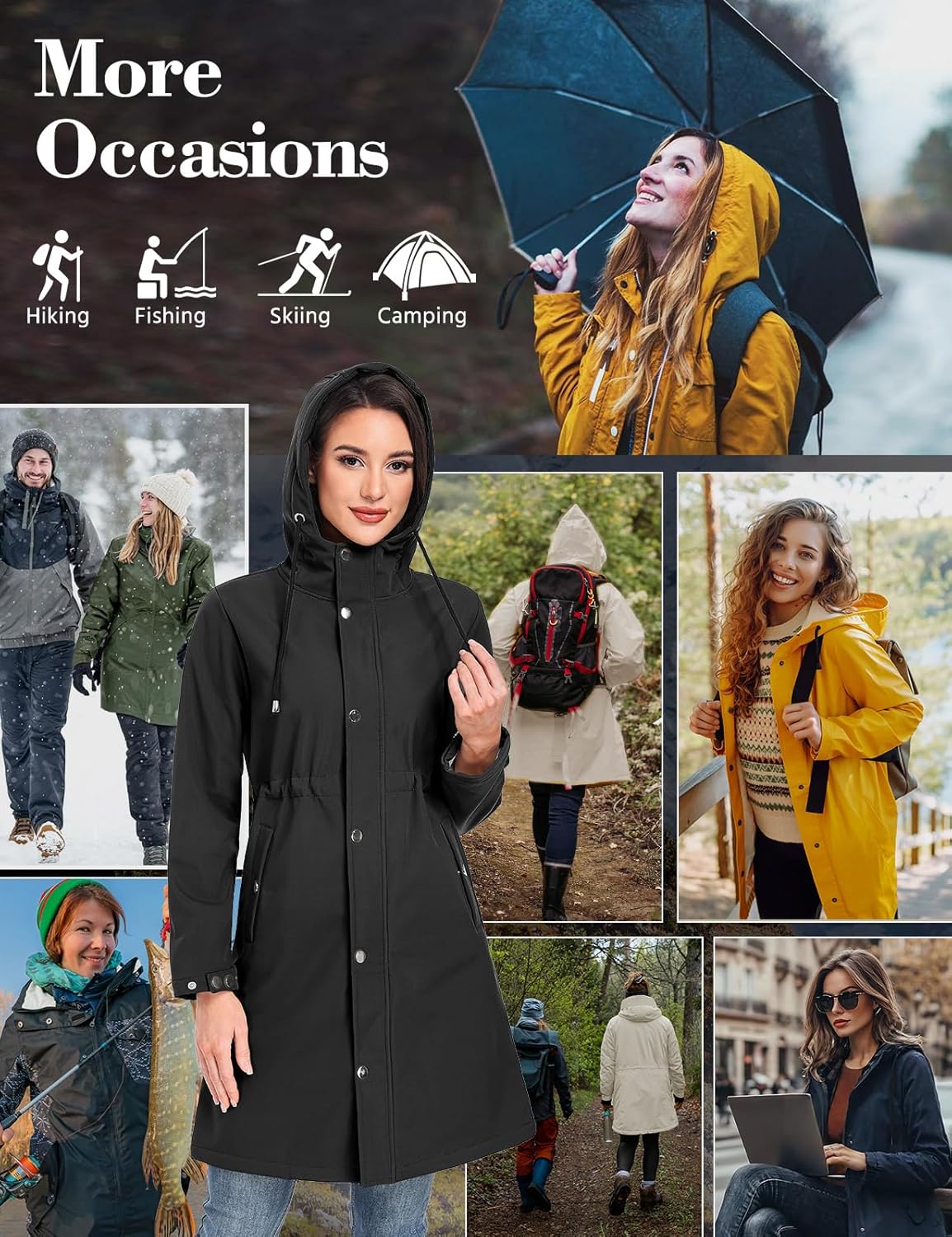 Women's Softshell Long Rain Jacket Waterproof Fleece Lined Windbreaker Lightweight Insulated Warm up Coat with Hood - Image 2