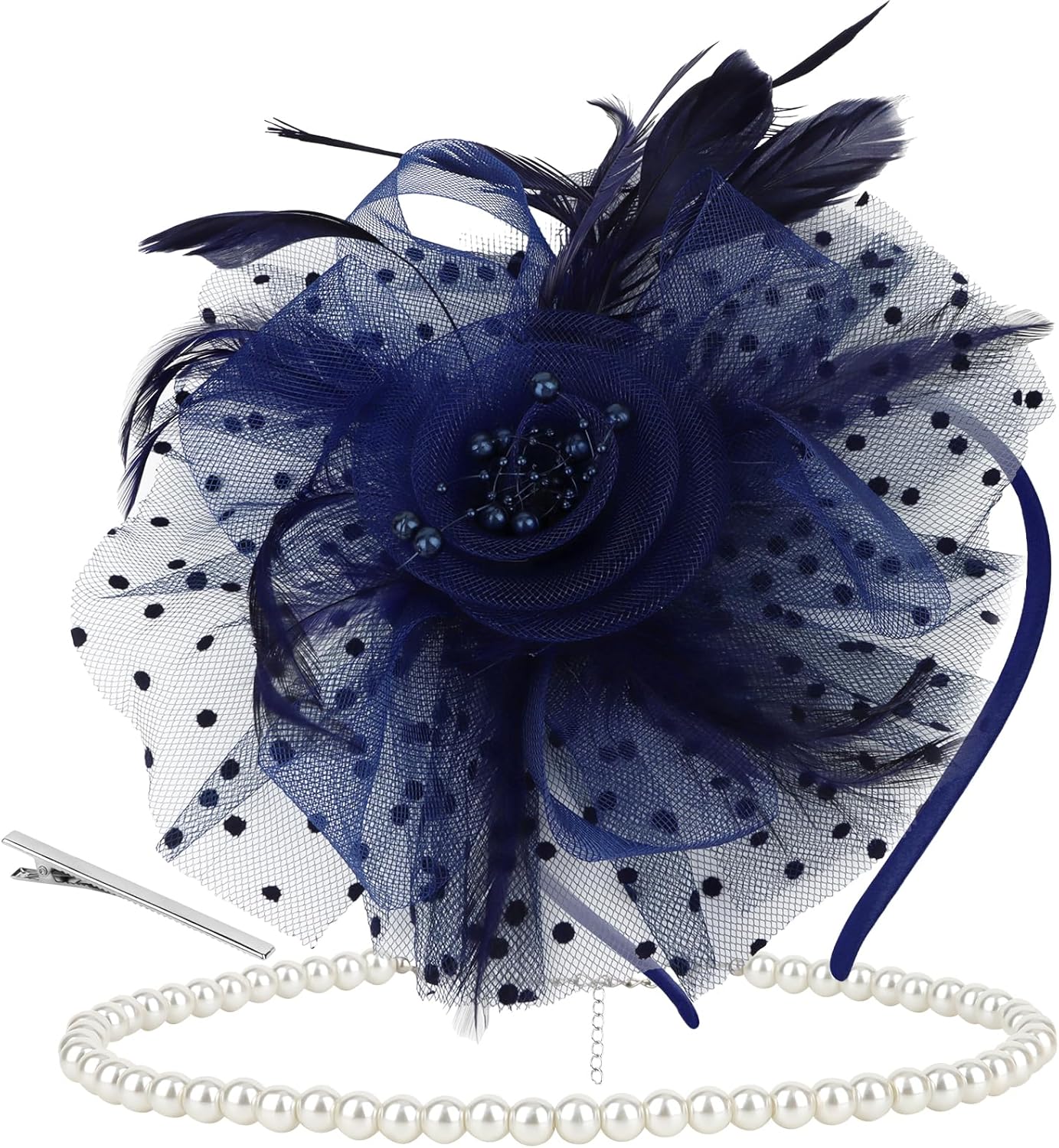 Elegant Polka Dot Fascinator Hat with Pearl Necklace Set for Women - Tea Party, Wedding Headband & Clip