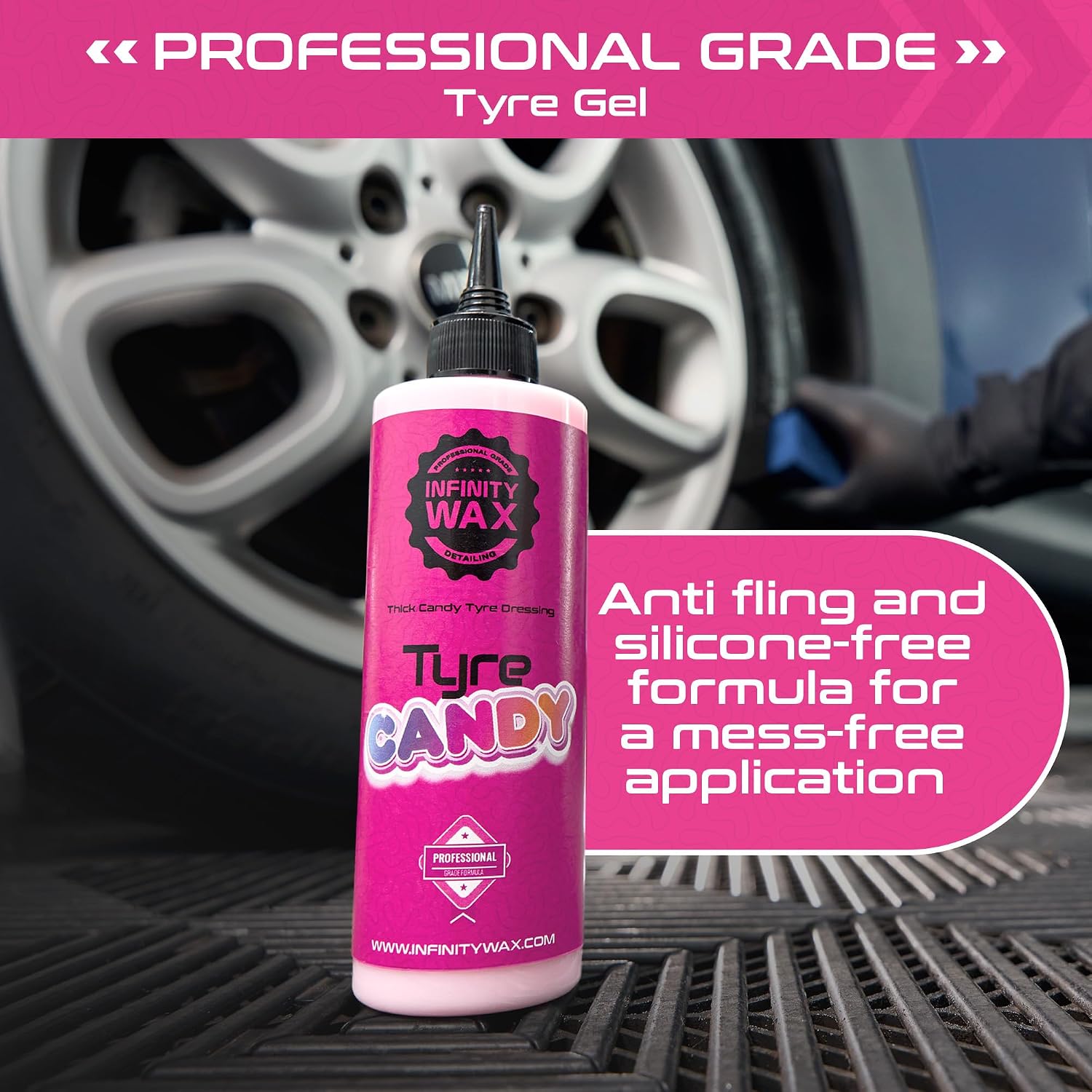Infinity Wax Tire Candy 1L Shiny Hoop Gel Candy Scent Thick Water Based Silicone Free Tyre Dressing, Strapless OEM Look, Large Size for Detailer