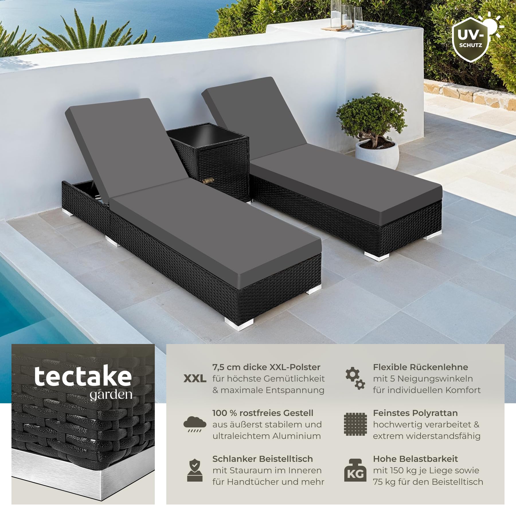 tectake® 2er Garten Lounge Sonnenliegen Set mit Tisch, Aluminium Gartenliege, Gartenlounge Outdoor, Relaxliege inkl. 2 Bezugsets und Schutzhülle, Outdoor Poly Rattan Gartenmöbel Set, 2er Set - schwarz