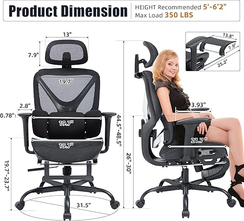 Miniatura 2 de Silla de oficina ergonómica  Silla de escritorio ejecutiva de malla con soporte lumbar dinámico de 3 zonas y reposacabezas ajustable 3D  Silla