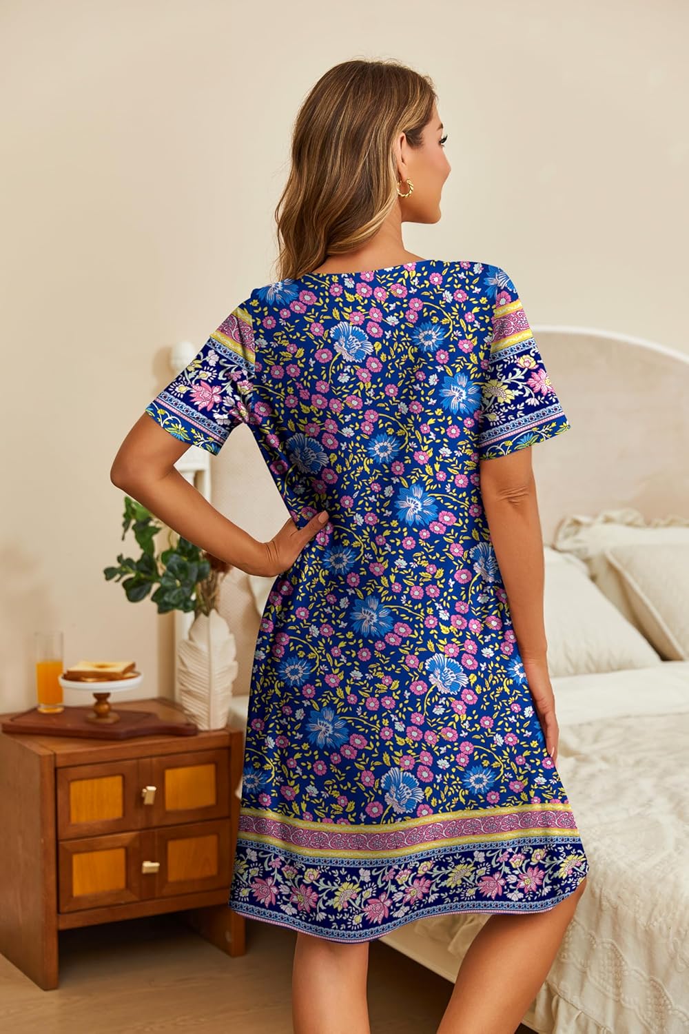 Ekouaer Womens House Dress Floral Print Nightgown with Pockets Mumu Dress S-XXL - Image 3