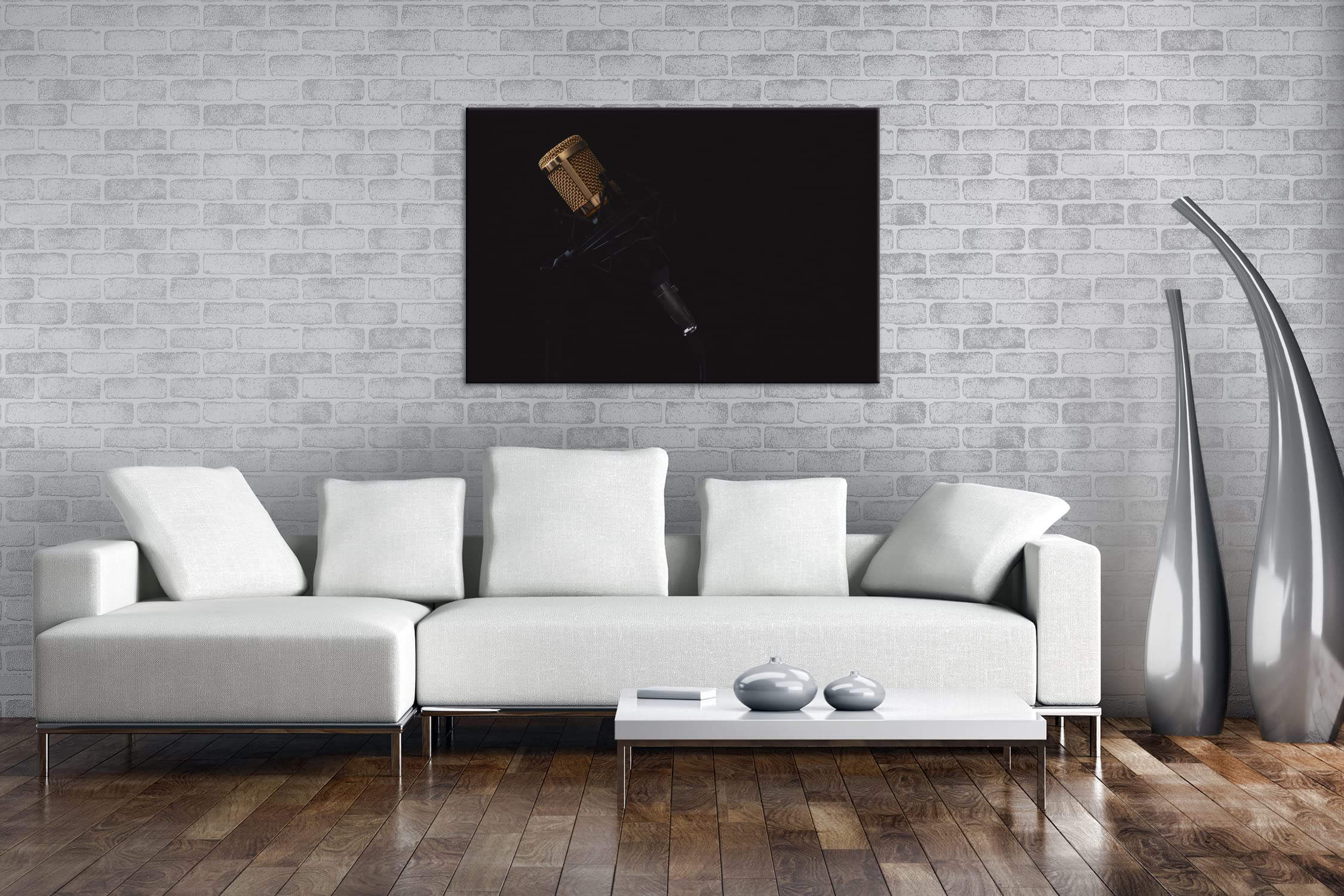Leinwandbild Mikrofon im dunklen Studio – Magie des Sounds Format: 120x80 cm XXL Kunstdruck Bild auf Keilrahmen/Wandbild/Wohnzimmer Deko