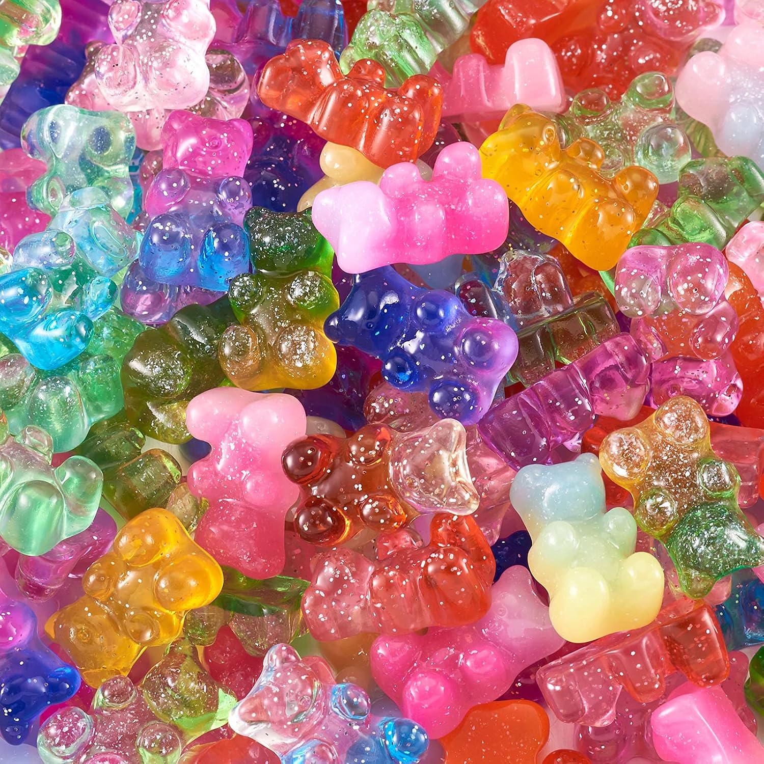 Pandahall 200Pcs Colorful Gummy Bear Cabochons with Glitter Powder Two Tone Flatback Resin Bear Candy Beads Charms 18x11x8mm for Nail Art Decoration & Jewelry Making (Mixed Color)