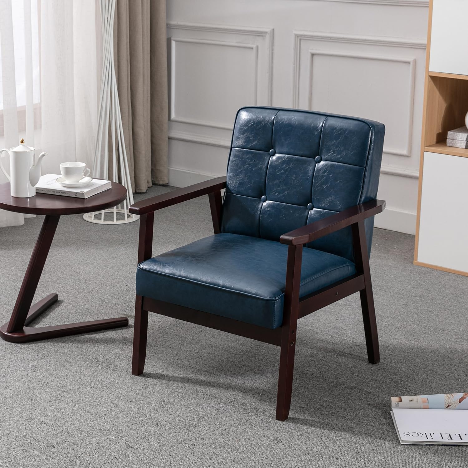 Okeysen Mid-Century Modern Accent Chair - Retro Leather & Wood Armchair, Comfy Lounge Side Chair for Living Room, Bedroom, Office (Blue)