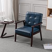 Okeysen Mid-Century Modern Accent Chair - Retro Leather & Wood Armchair, Comfy Lounge Side Chair for Living Room, Bedroom, Office (Blue)