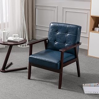 Okeysen Mid-Century Modern Accent Chair - Retro Leather & Wood Armchair, Comfy Lounge Side Chair for Living Room, Bedroom, Office (Blue)