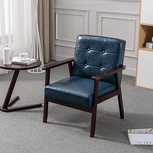 Miniatura 52 de Okeysen Silla decorativa moderna de mediados de siglo, silla auxiliar retro de madera y cuero, cómoda silla de lectura para sala de estar, Negro