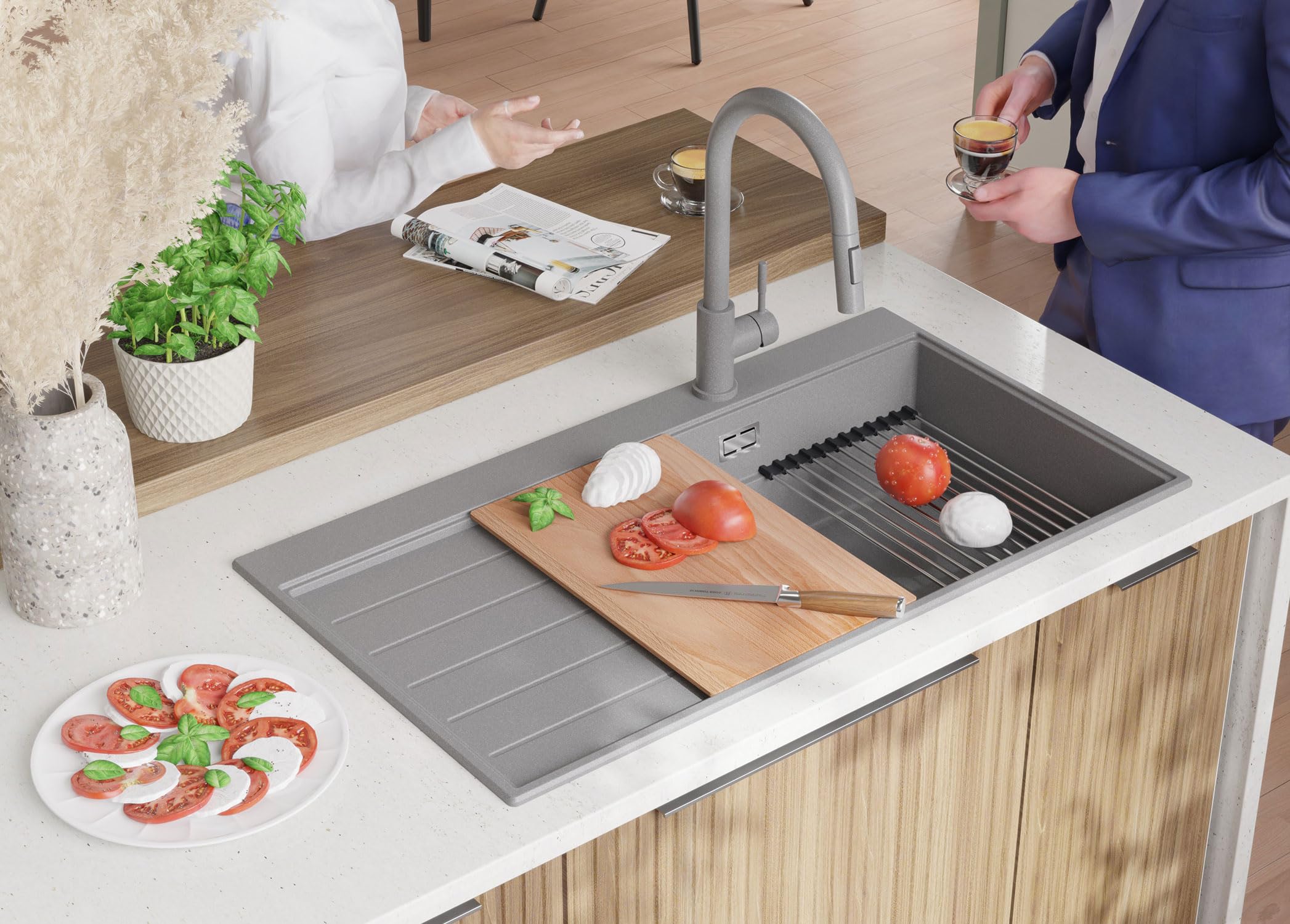 PRIMAGRAN Spülbecken Grau - Sydney Ergo, 90x50cm | Granitspüle 1 Becken + Ablauf-Set, Küchenspüle ab 60er Unterschrank (S388)