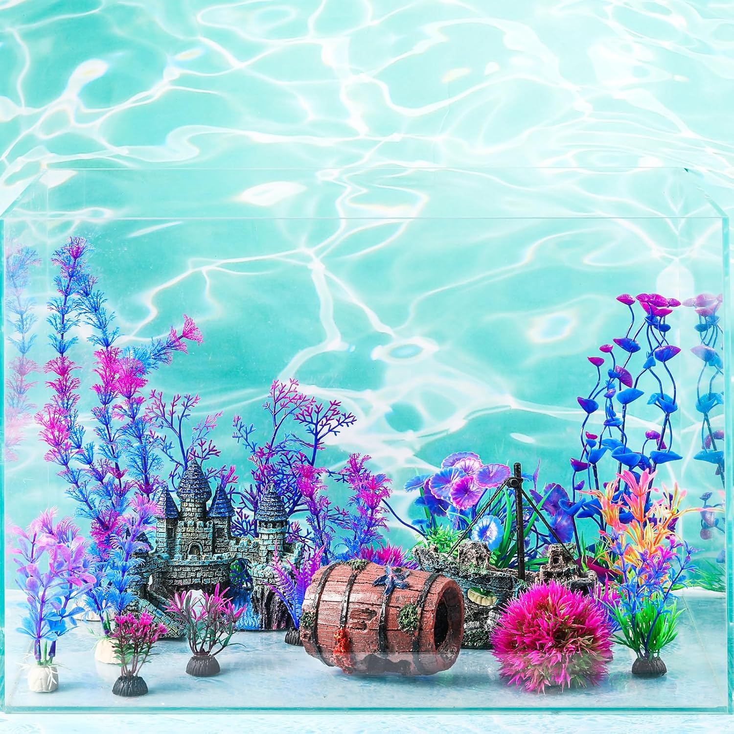 Zeyune 18 Pcs Aquarium Decorations Kit Fish Tank Decorations Set Small Resin Castle Sunken Ship Starfish Barrel Artificial Aquarium Plants for Fish Bowl