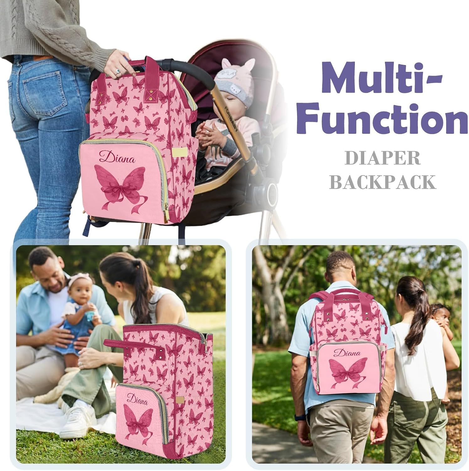 Personalized Cute Bow Diaper Bag Backpack with Name - Large Capacity Multifunctional Customized Mommy Bag, Waterproof, Stylish Custom Baby Newborn Infant Nappy Nursing Bag for Girls Moms