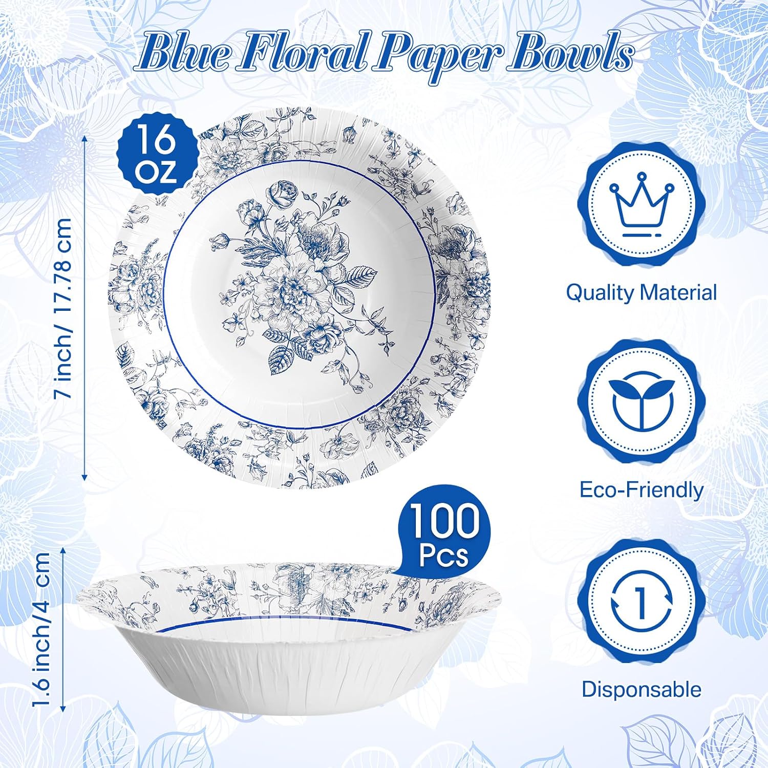 SiliFine 100 Pcs 16 oz Blue Floral Paper Bowls for Parties image 2