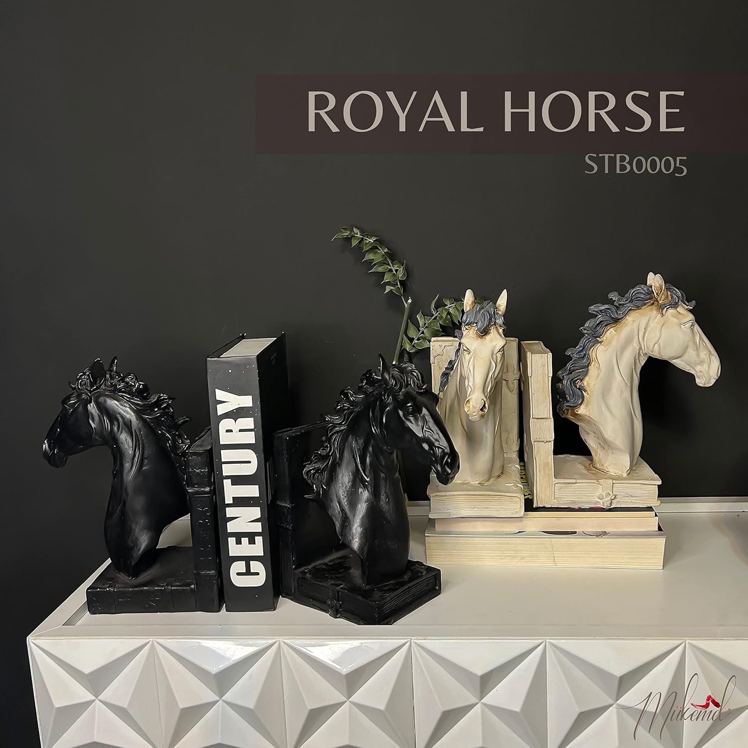 Royal Horse (13.40 inch, Handmade Book Holder, Decorative Horse Statue, Office Sculpture, Black, White) Mukemel Designs -STB0005/6 (White)