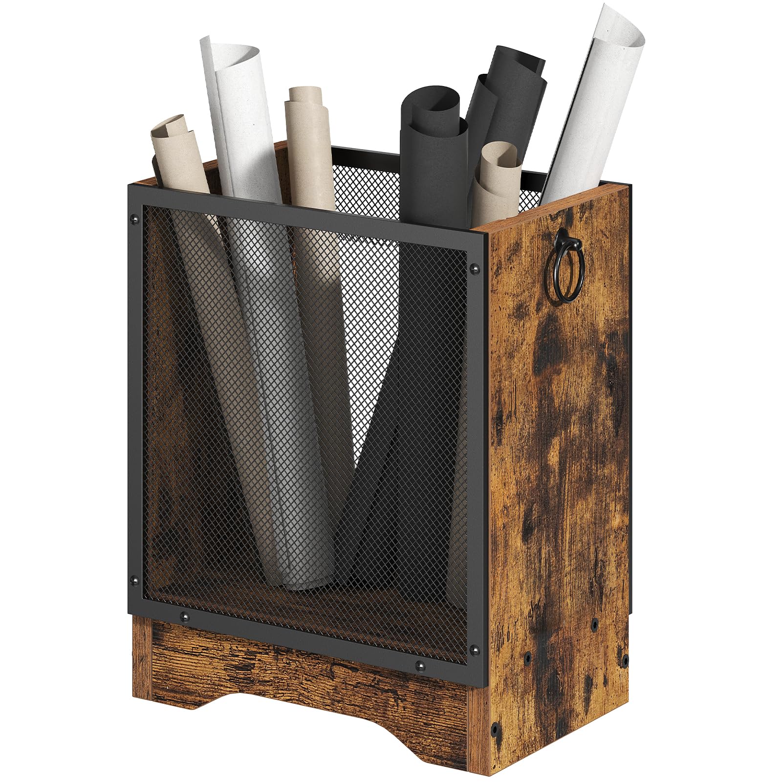 HOOBRO Papelera Vintage de Malla Metálica y Estructura de Madera, Cubo de Basura Rectangular Retro, Asas Laterales y Base Elevada, para Oficina, Sala y Dormitorio, Marrón Vintage y Negro EBF06LJ01G1