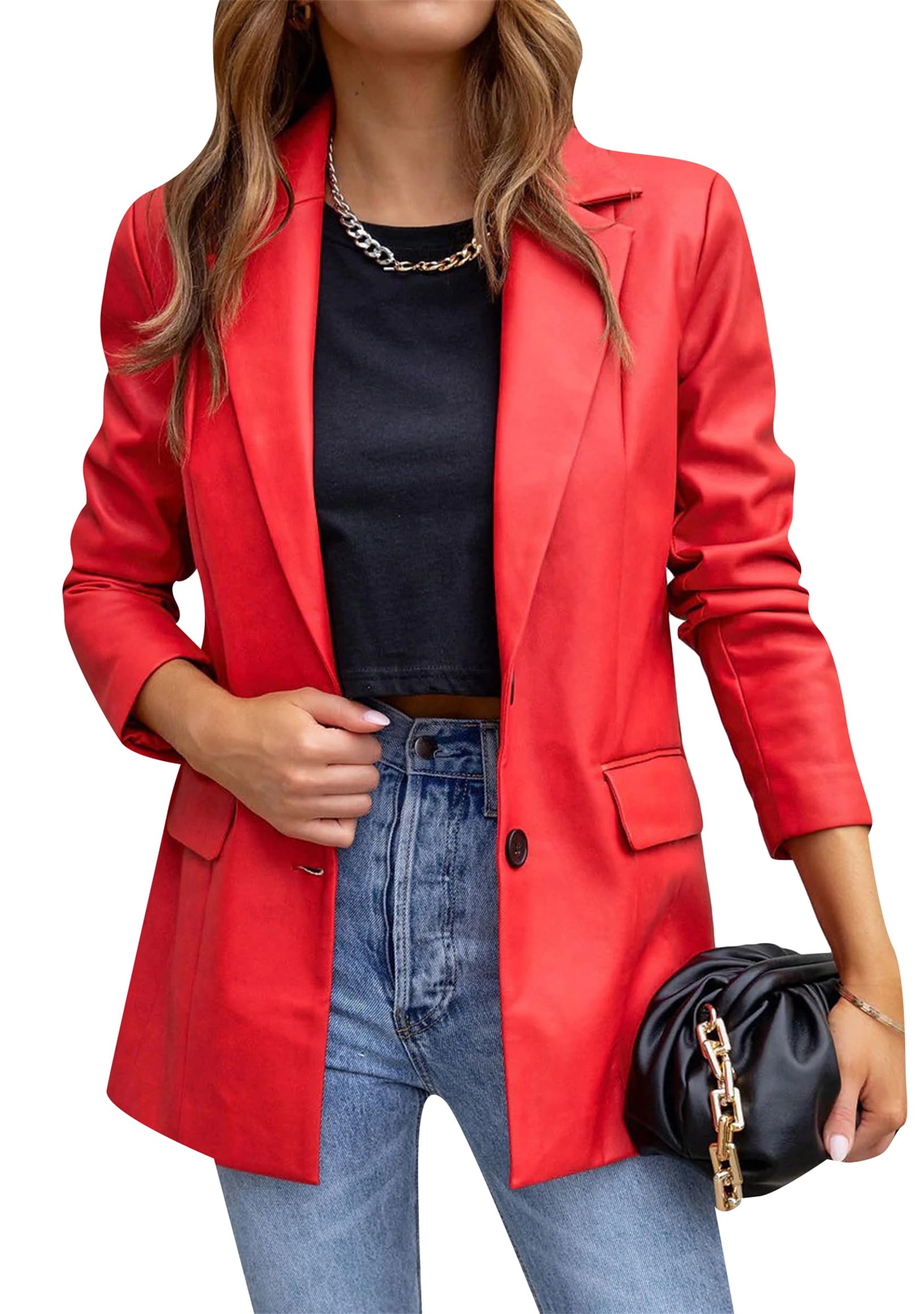 GORIFE Casual Classic Faux Leather Blazer for Women Button Down Soft Coat Fashion Long Sleeve Jacket with Pockets
