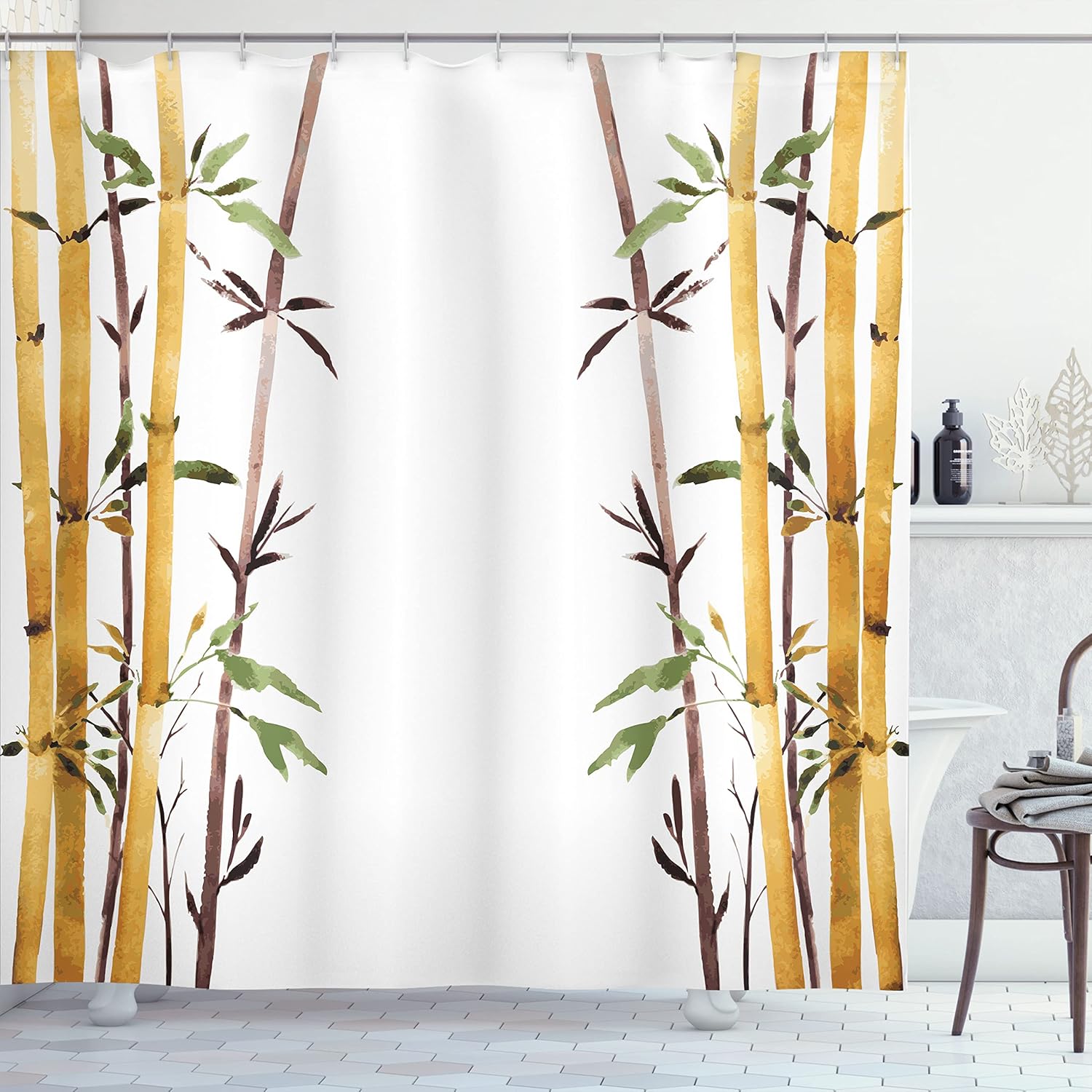 Ambesonne Asian Themed Shower Curtain, Simple Design Watercolor Painting Style Print of Branches and Leaves, Cloth Fabric Bathroom Decor Set with Hooks, 69" W x 75" L, White Brown Cream