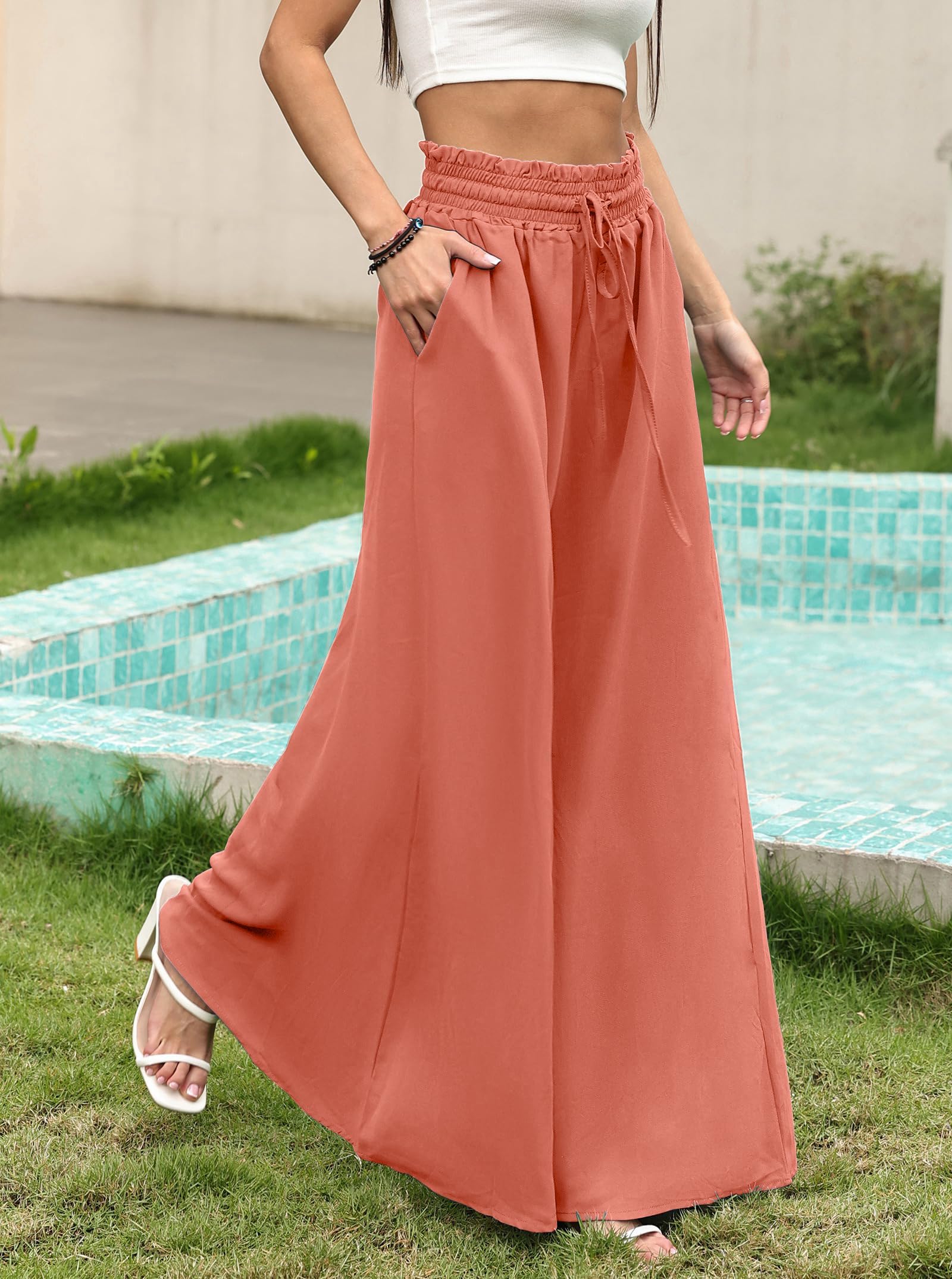 ALSOGO Pantaloni larghi da donna Locker Vita Alta Palazzo Elegante Tinta unita Pantaloni con Tasca Coulisse