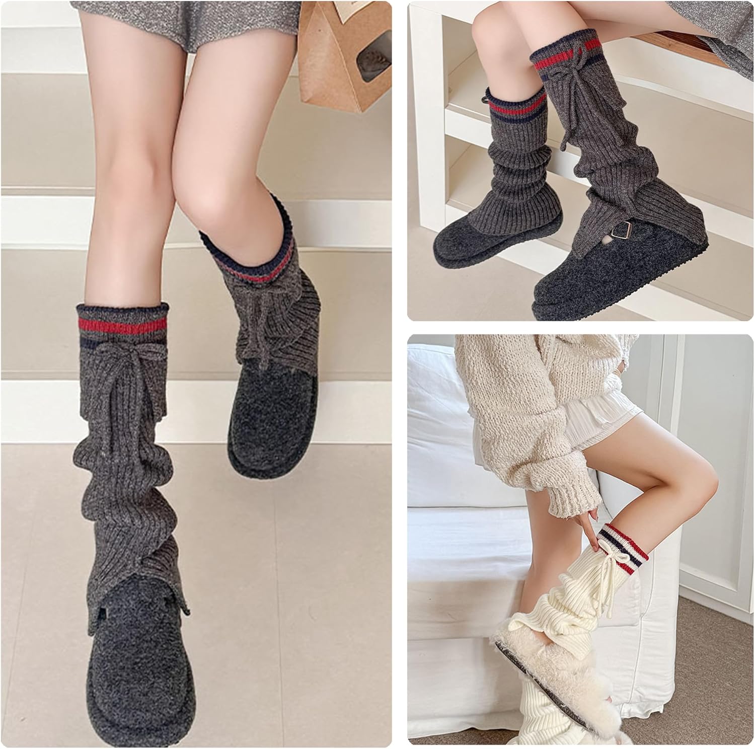 3 Pairs Women's Knitted Leg Warmers with Bowknot, Striped Cuff Slouchy Sock Leggings for Casual & Home Wear