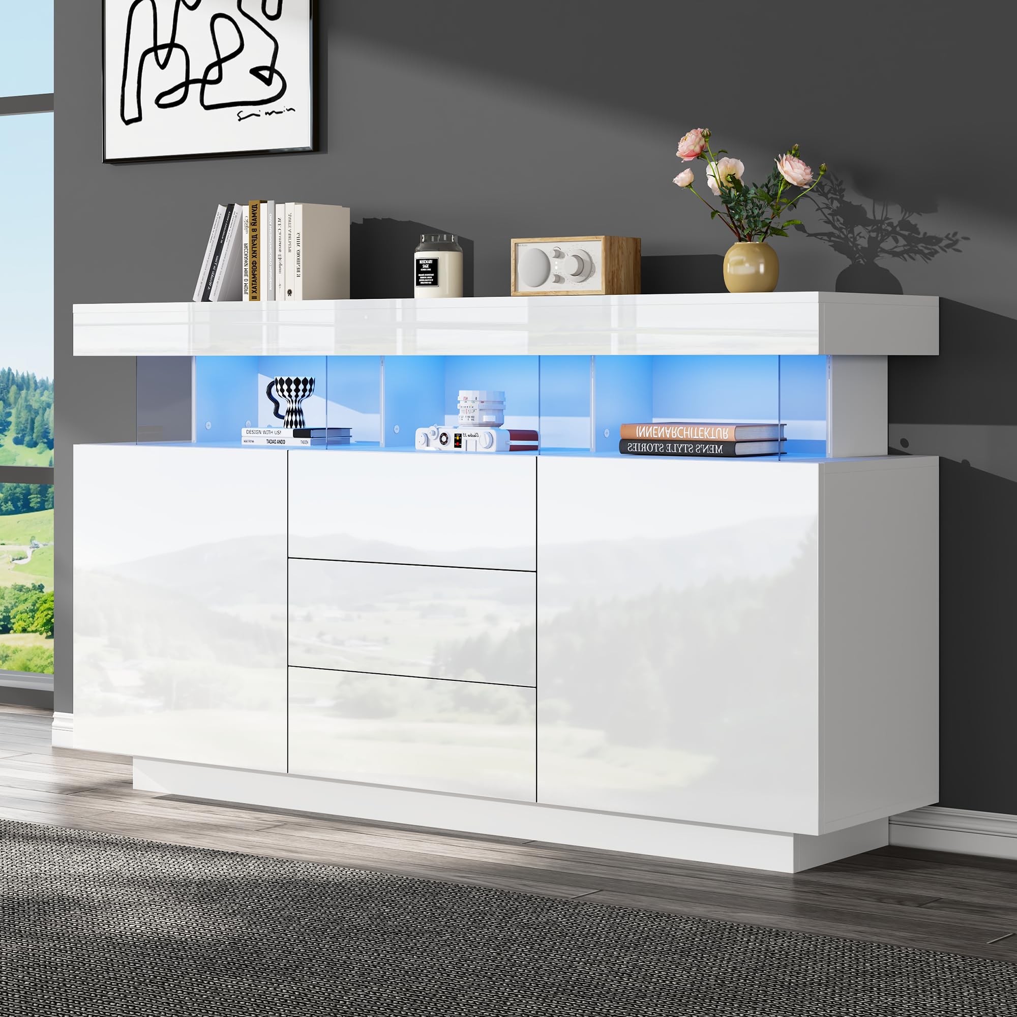 FammyLoft High Gloss Storage Cabinet with 3 Drawers and 2 Doors, Highboard Cabinet with Adjustable Shelves and LED Lights, Sideboard Buffet, Chest of Drawers, Standing Cabinet, 140 * 35 * 80cm, White — image 1