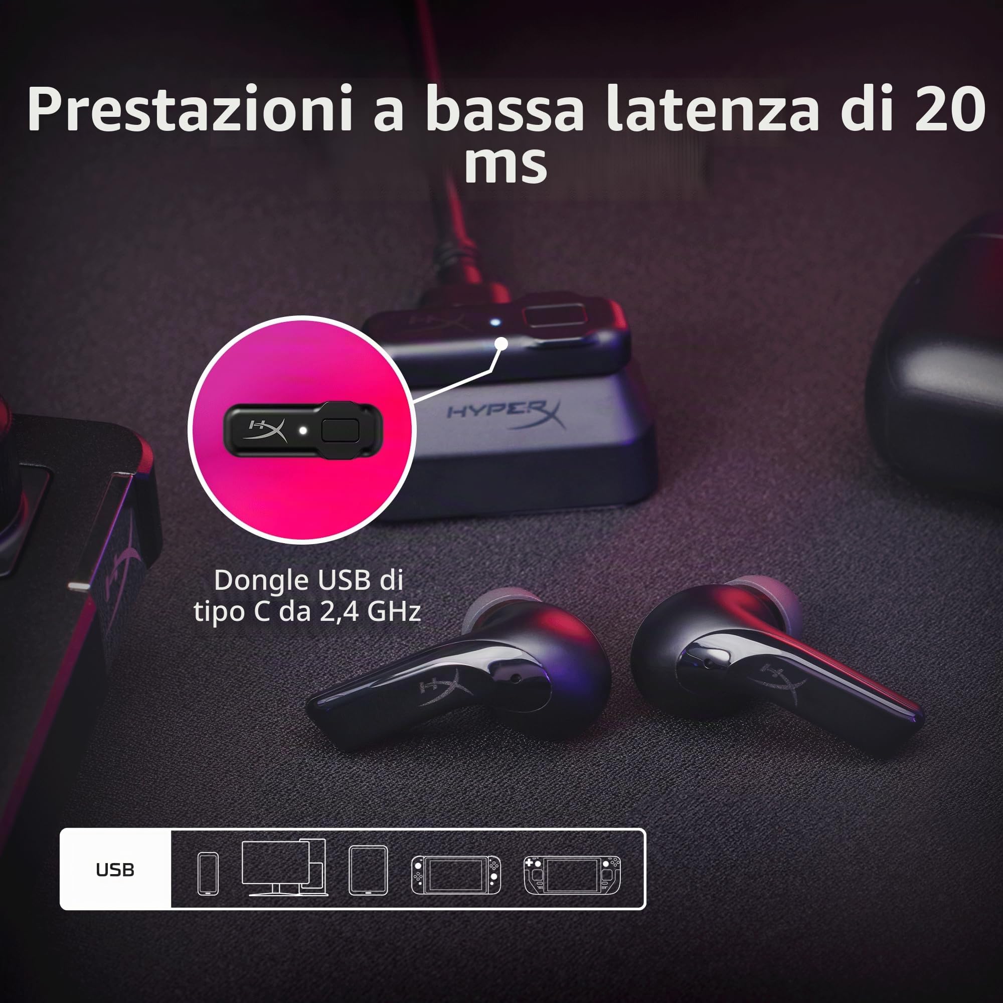 HyperX Cloud MIX Buds 2 Auricolari, Connessione Senza Filo 2,4 GHz o Bluetooth, 3 Misure di Copri auricolari in Silicone, Microfono Integrato, Custodia di Ricarica, Fino a 33 Ore di Autonomia, Nero