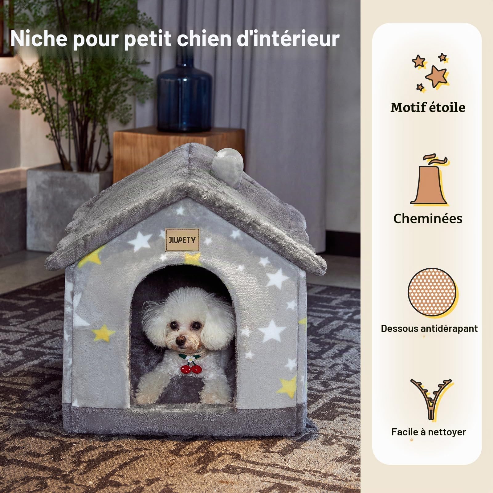 Jiupety Niche pour Chien Intérieur avec Motif Étoilé, Maison Chien Toit, Taille M, Grey Star