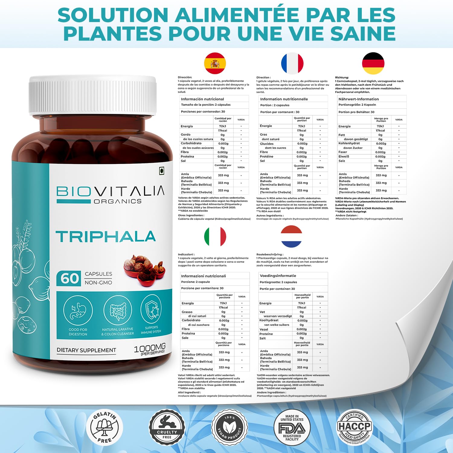 Complément alimentaire Triphala 1000 mg | Favorise la digestion | Soutient le système immunitaire | 60 capsules végétaliennes | Paquet de 1
