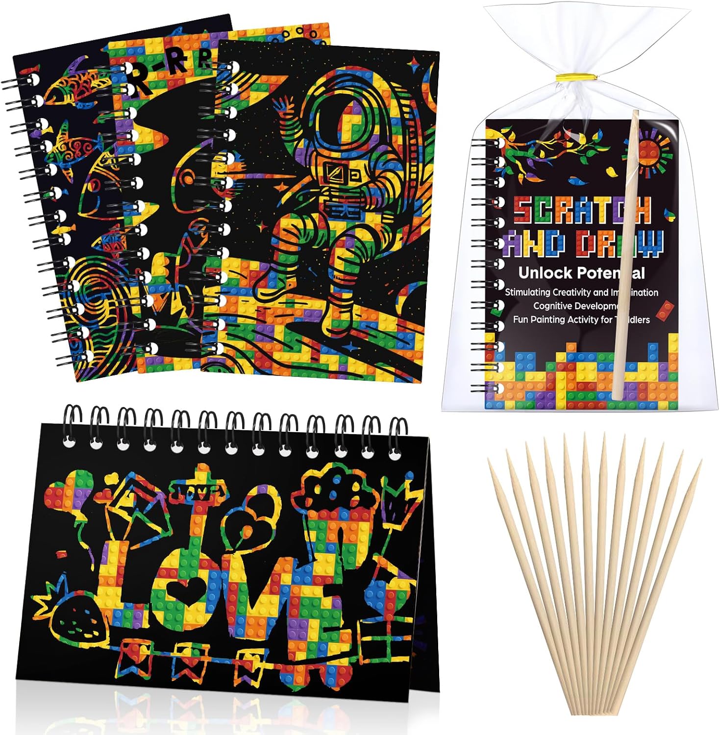 Pasimy 48 Set Scratch Art Party Favor Gifts Building Block Scratch Notebook Bulk Paper Craft for Classroom Prizes Goodie Bag Stuffer Christmas Birthday Party Favor